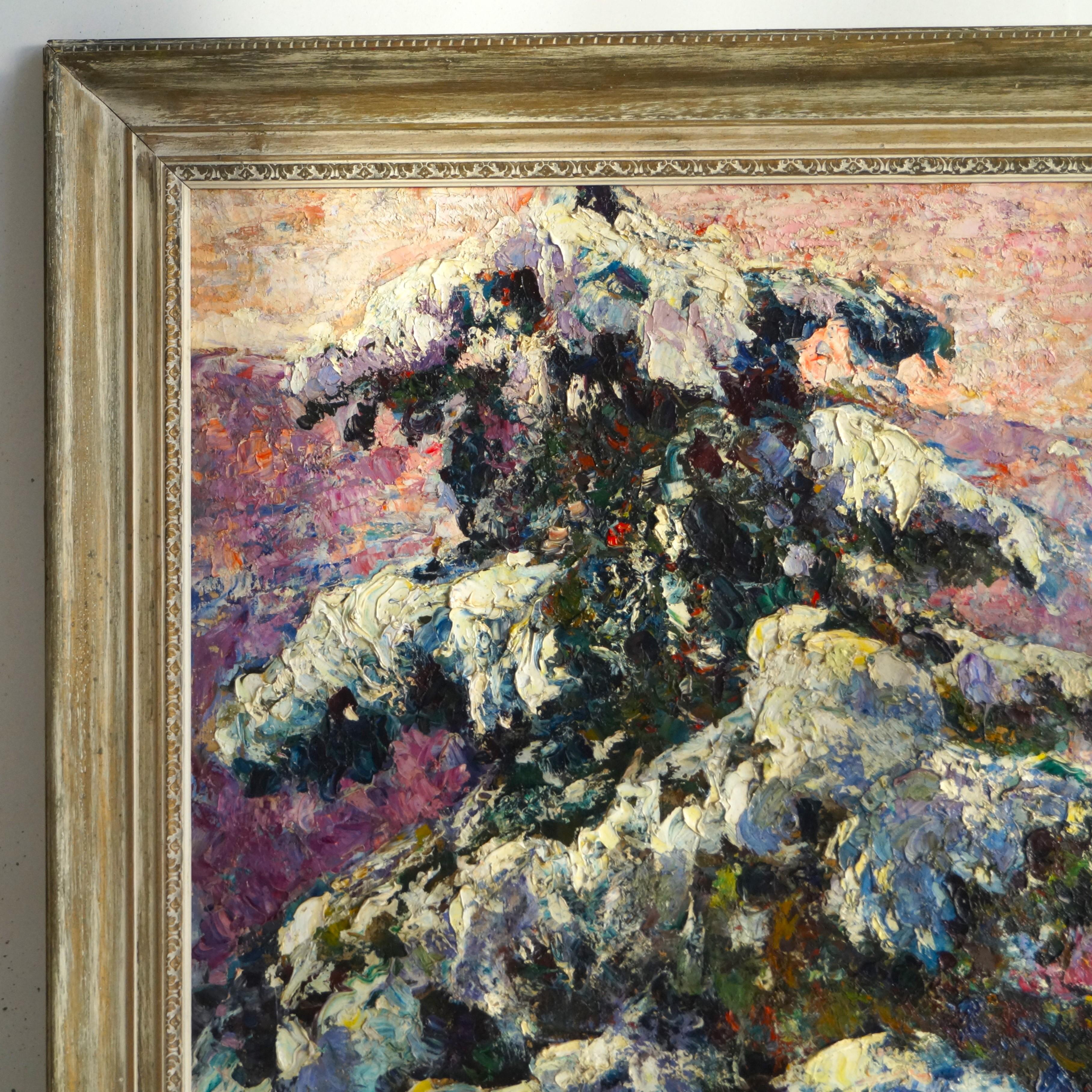 Eine leuchtende Winterszene mit Bäumen und Bergen, Öl auf Baumwolle, Jacobus Doeser (Gemalt) im Angebot