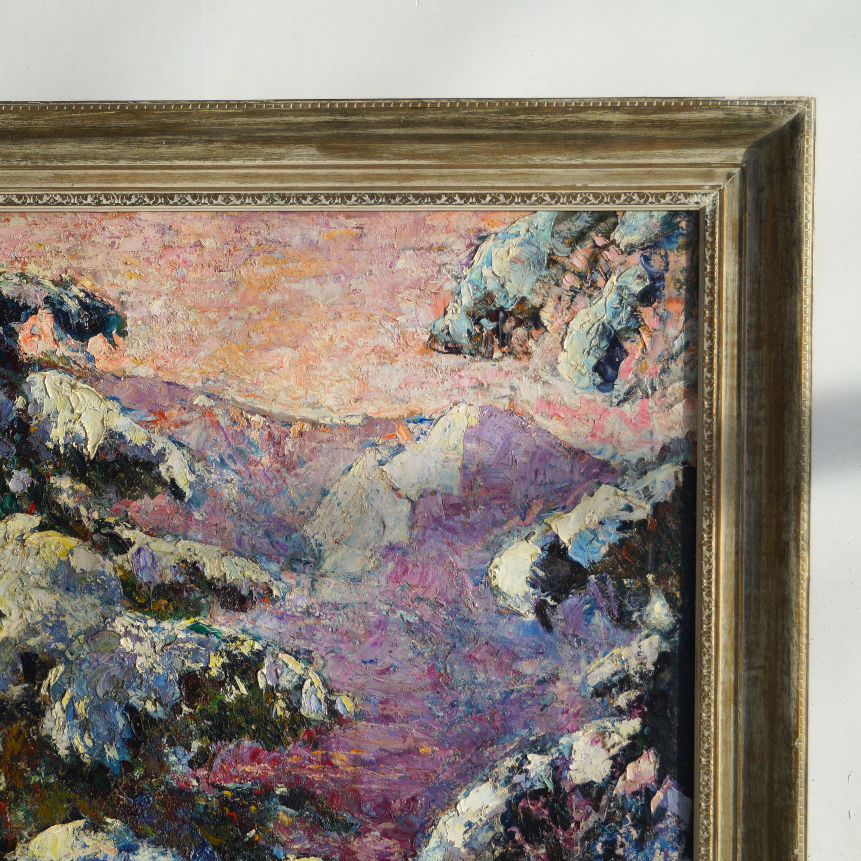 Eine leuchtende Winterszene mit Bäumen und Bergen, Öl auf Baumwolle, Jacobus Doeser im Zustand „Gut“ im Angebot in EVERDINGEN, NL