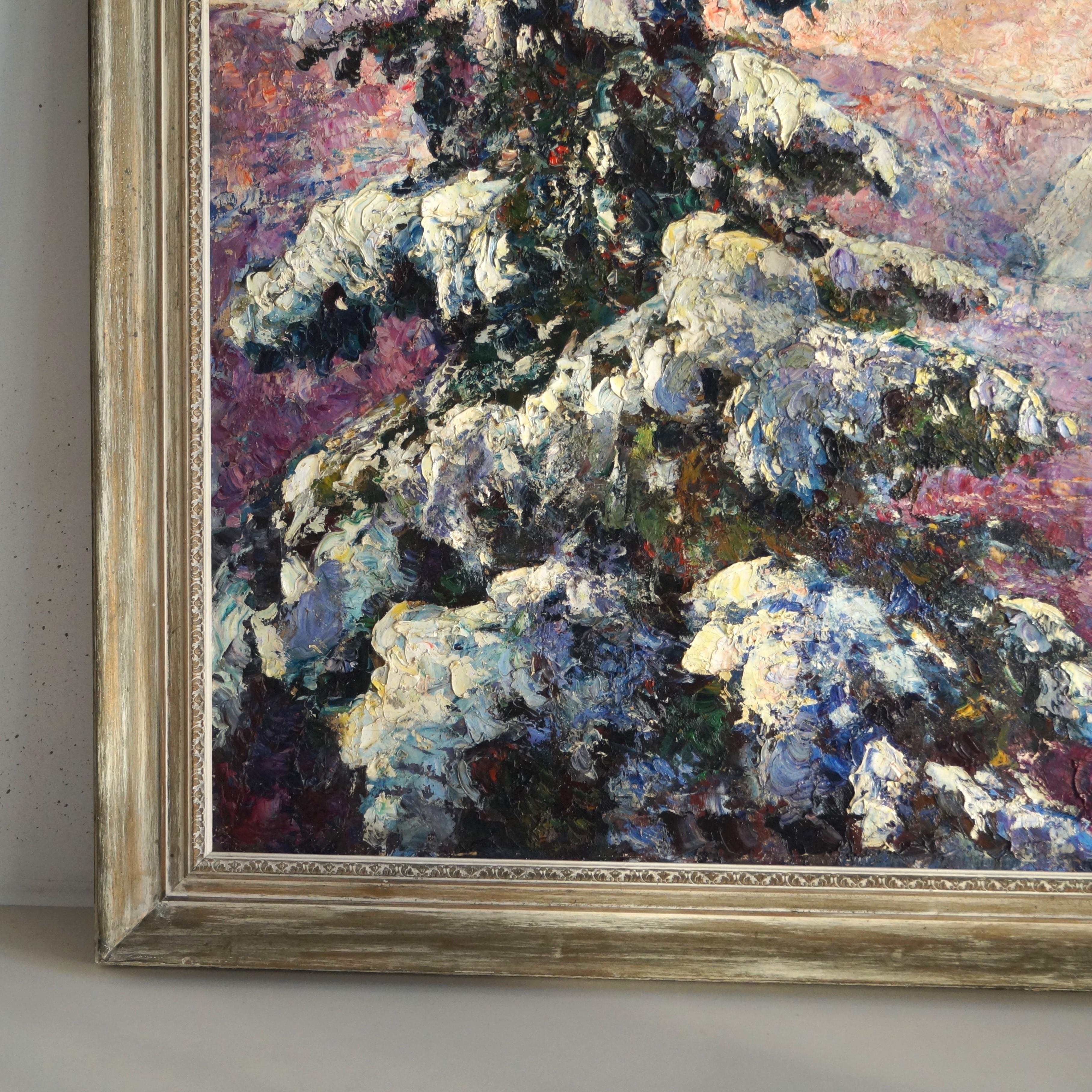 Eine leuchtende Winterszene mit Bäumen und Bergen, Öl auf Baumwolle, Jacobus Doeser (Frühes 20. Jahrhundert) im Angebot