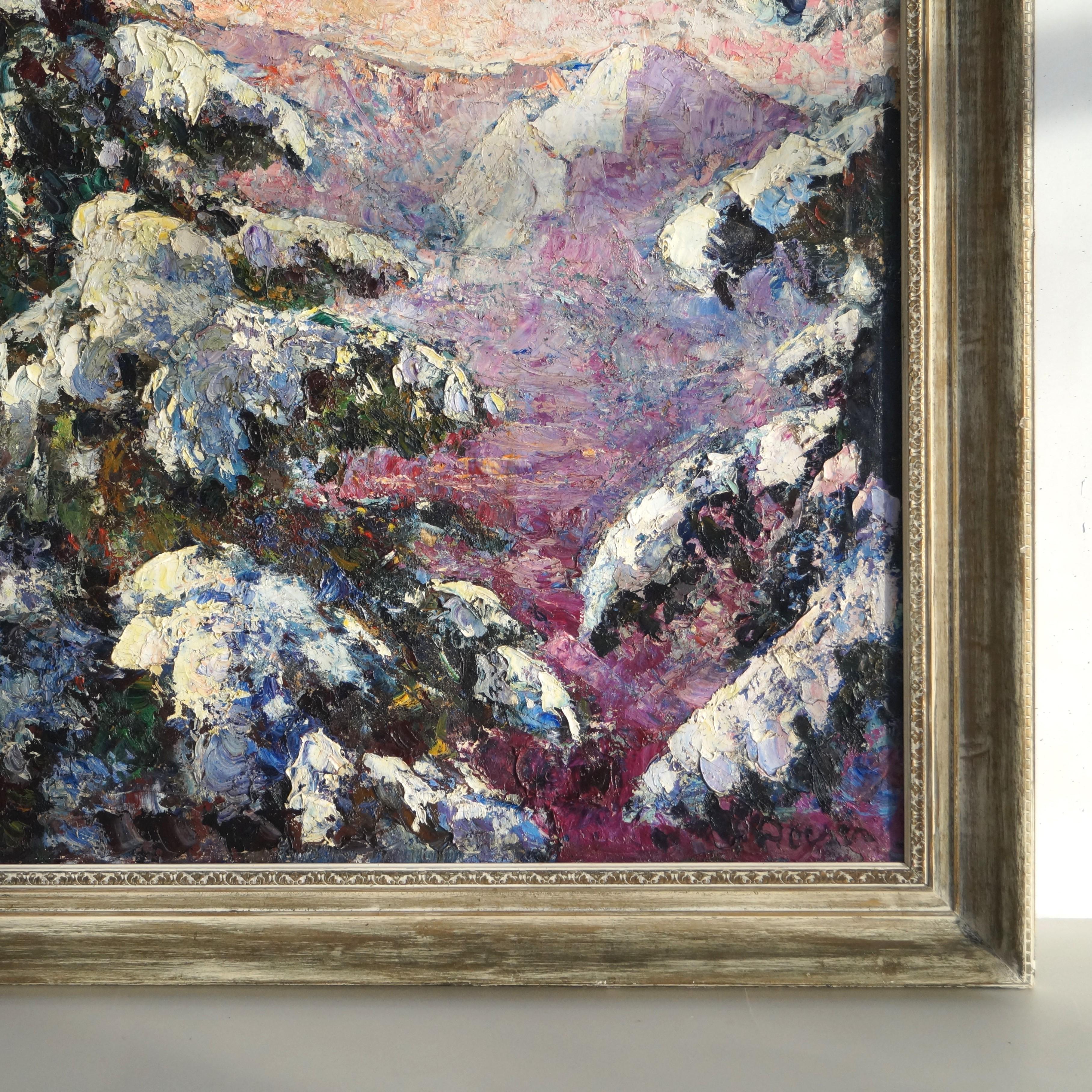 Eine leuchtende Winterszene mit Bäumen und Bergen, Öl auf Baumwolle, Jacobus Doeser im Angebot 1