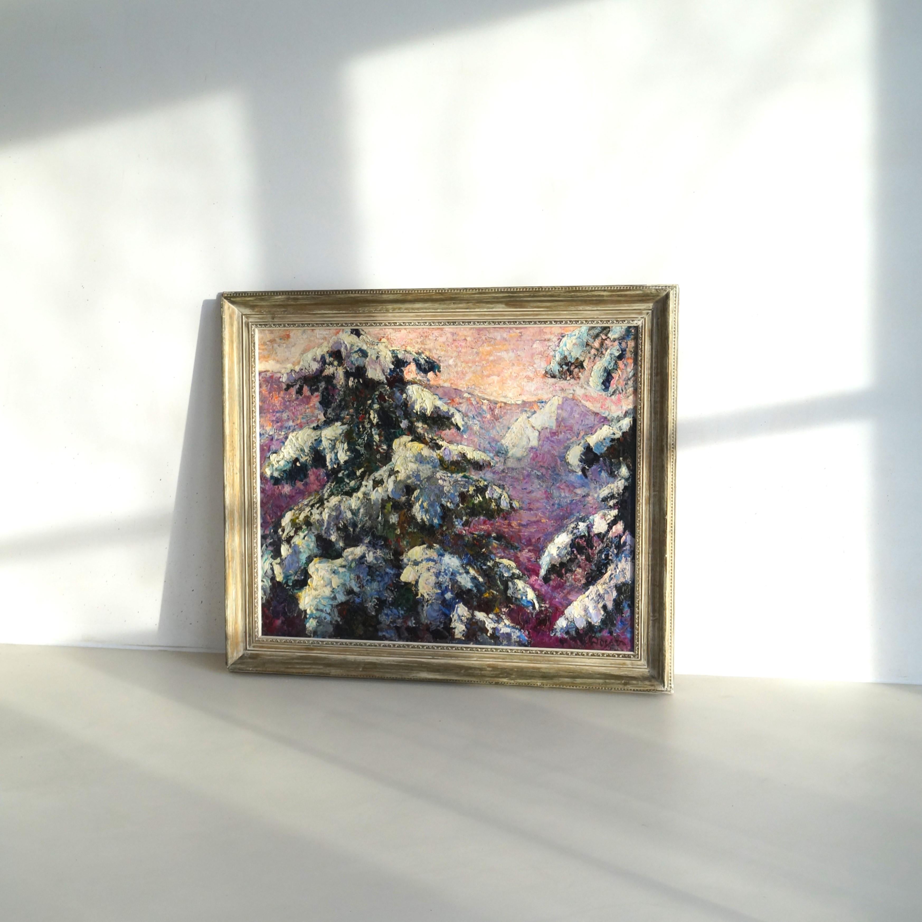 Eine leuchtende Winterszene mit Bäumen und Bergen, Öl auf Baumwolle, Jacobus Doeser im Angebot 2