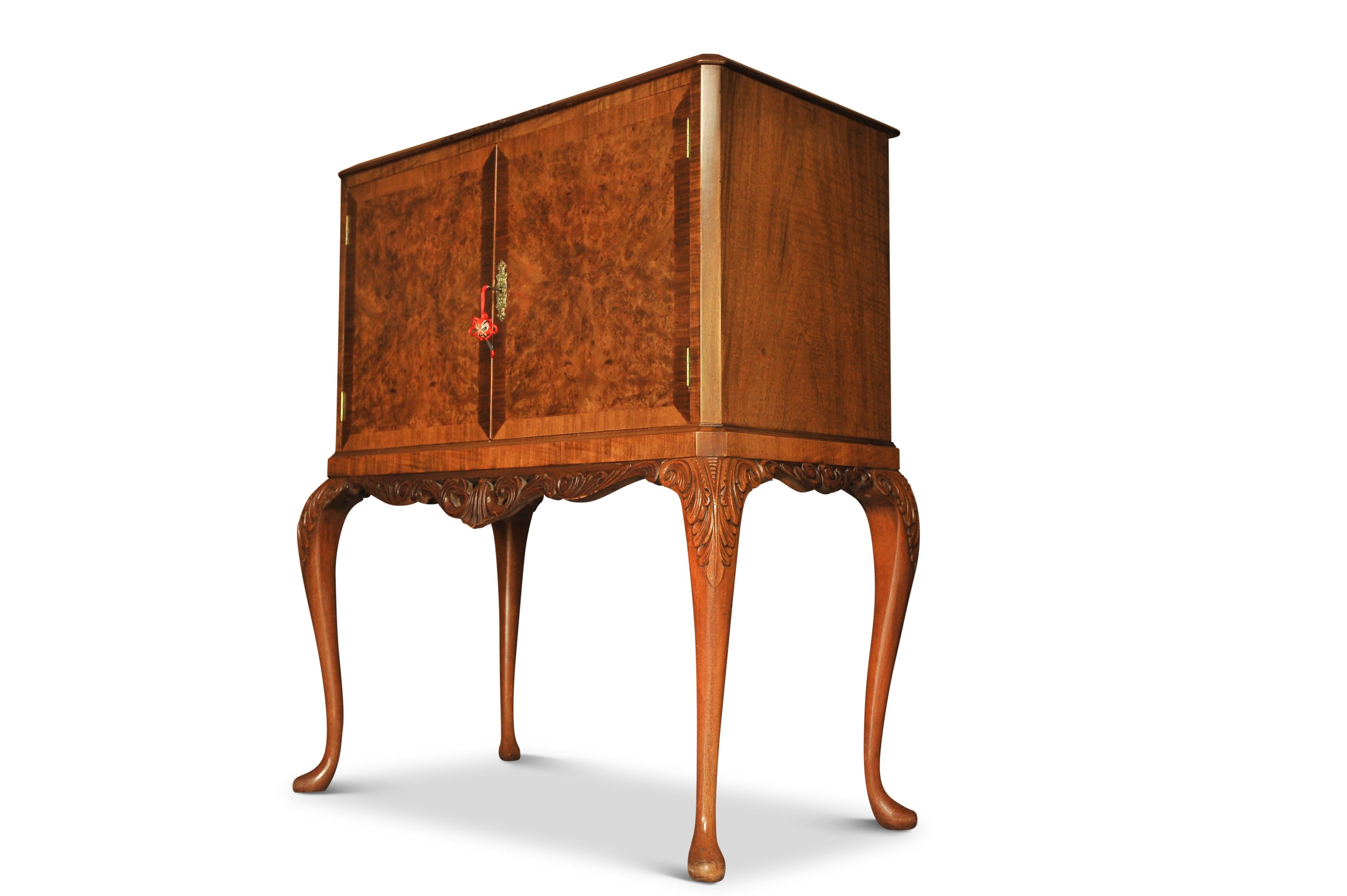 British A Luxurious Burr Walnut Cocktail Cabinet With Light & Fitted Mirrored Interior
