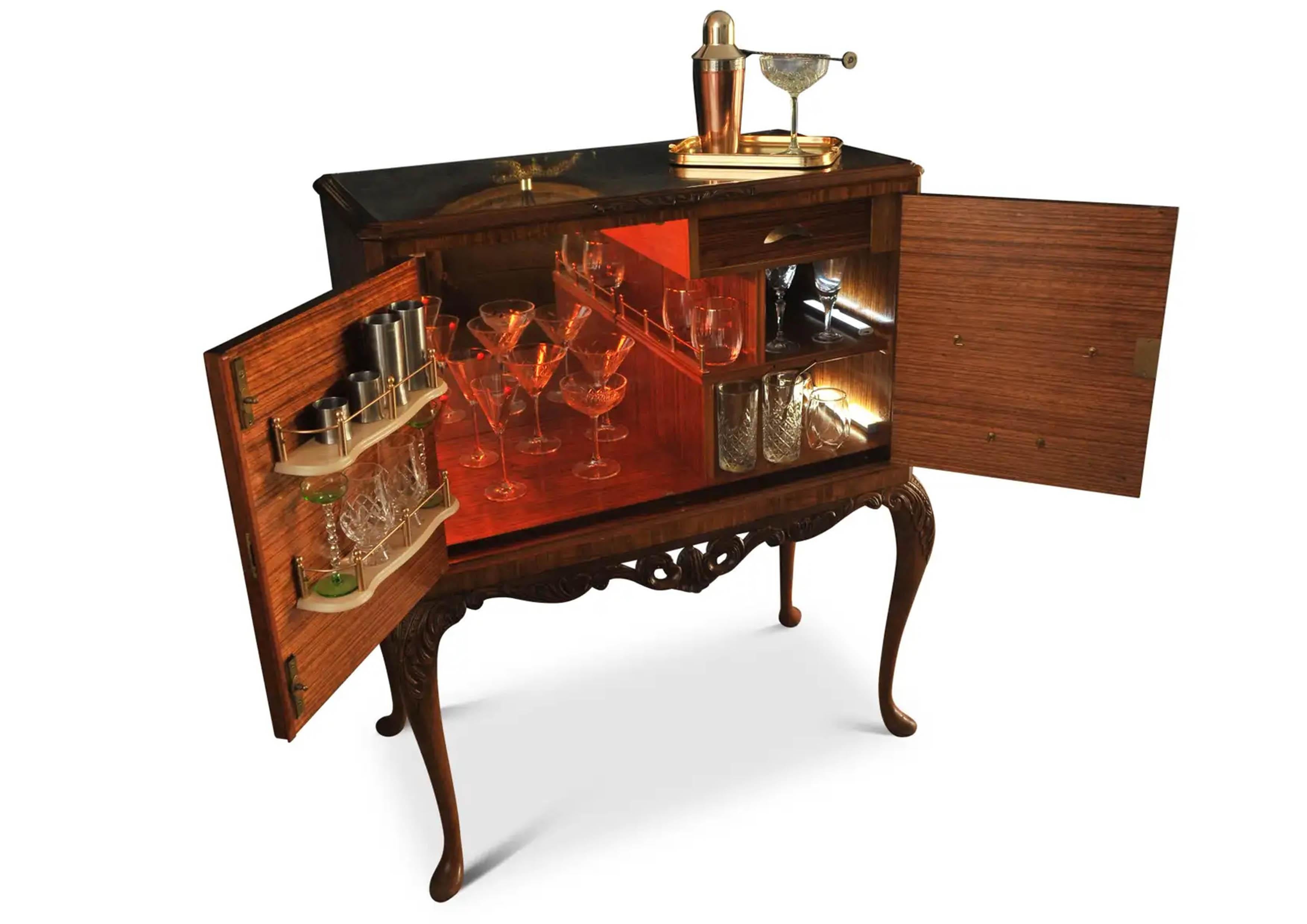British A Luxurious Burr Walnut Cocktail Cabinet With Light & Fitted Mirrored Interior For Sale