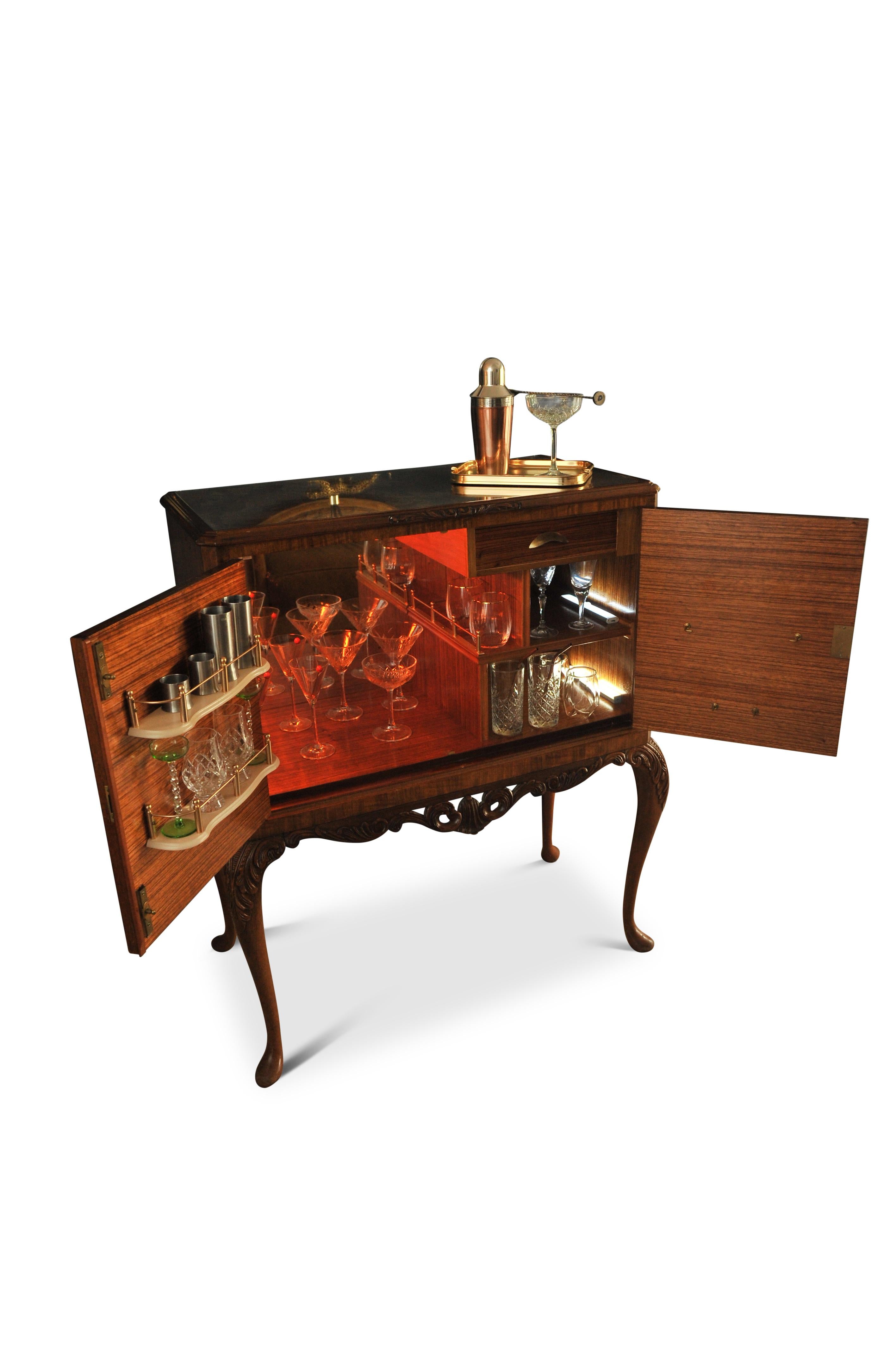 Queen Anne A Luxurious Burr Walnut Cocktail Cabinet With Light & Fitted Mirrored Interior 