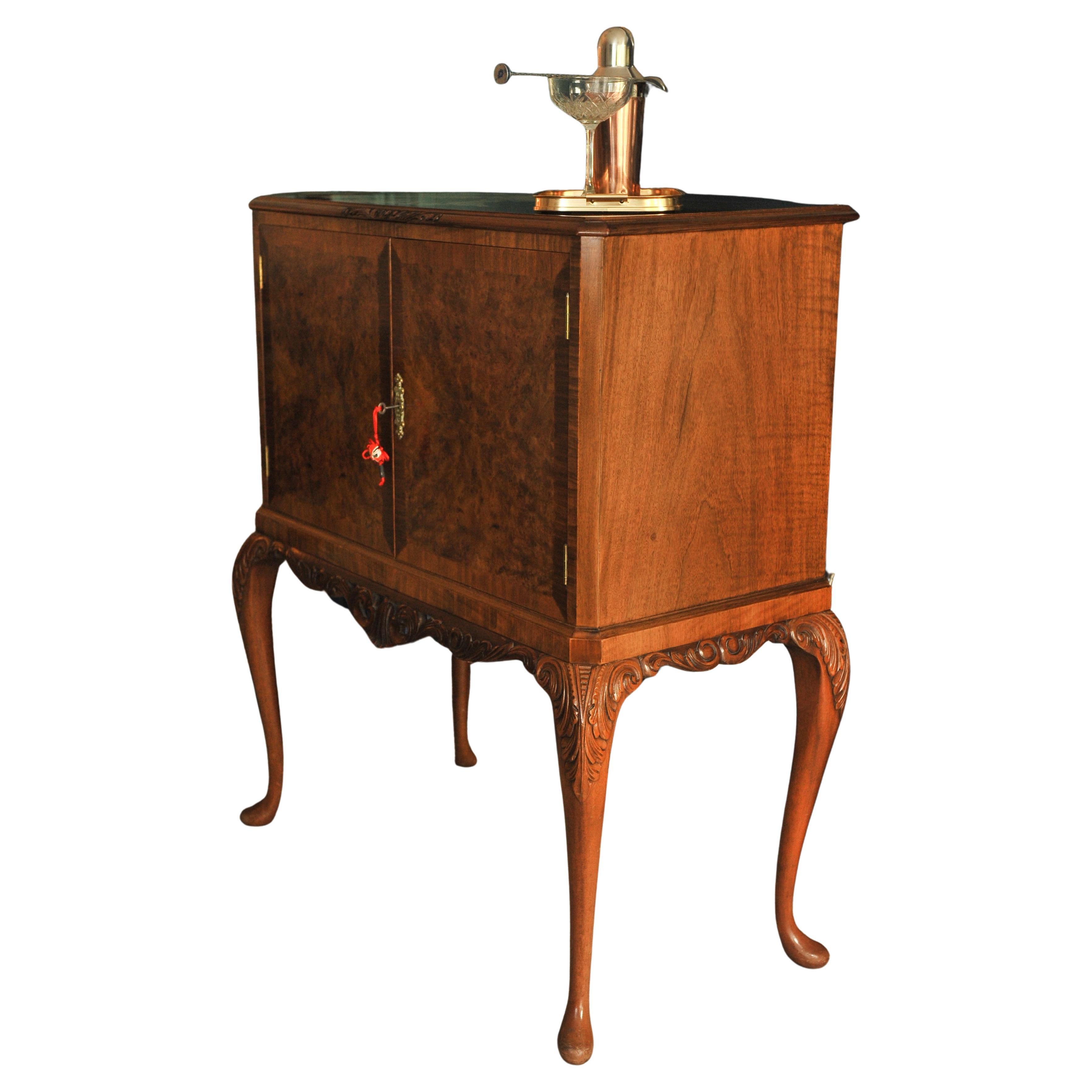 Carved A Luxurious Burr Walnut Cocktail Cabinet With Light & Fitted Mirrored Interior For Sale