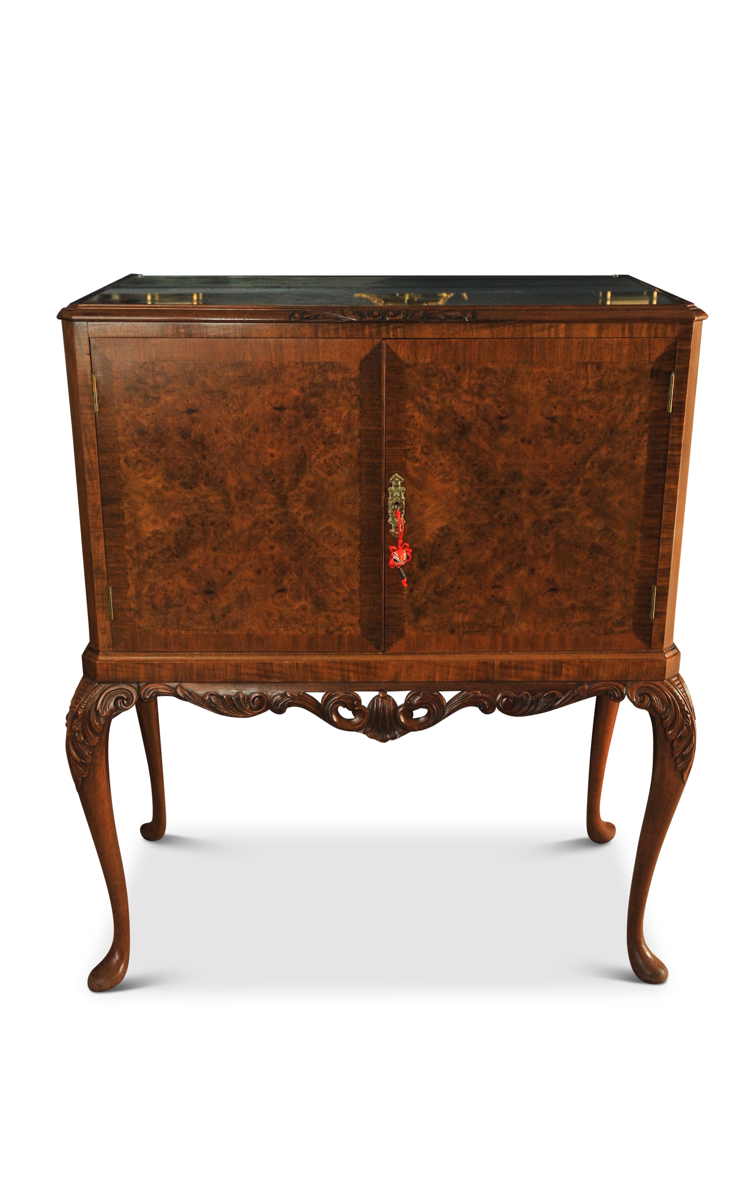 Carved A Luxurious Burr Walnut Cocktail Cabinet With Light & Fitted Mirrored Interior