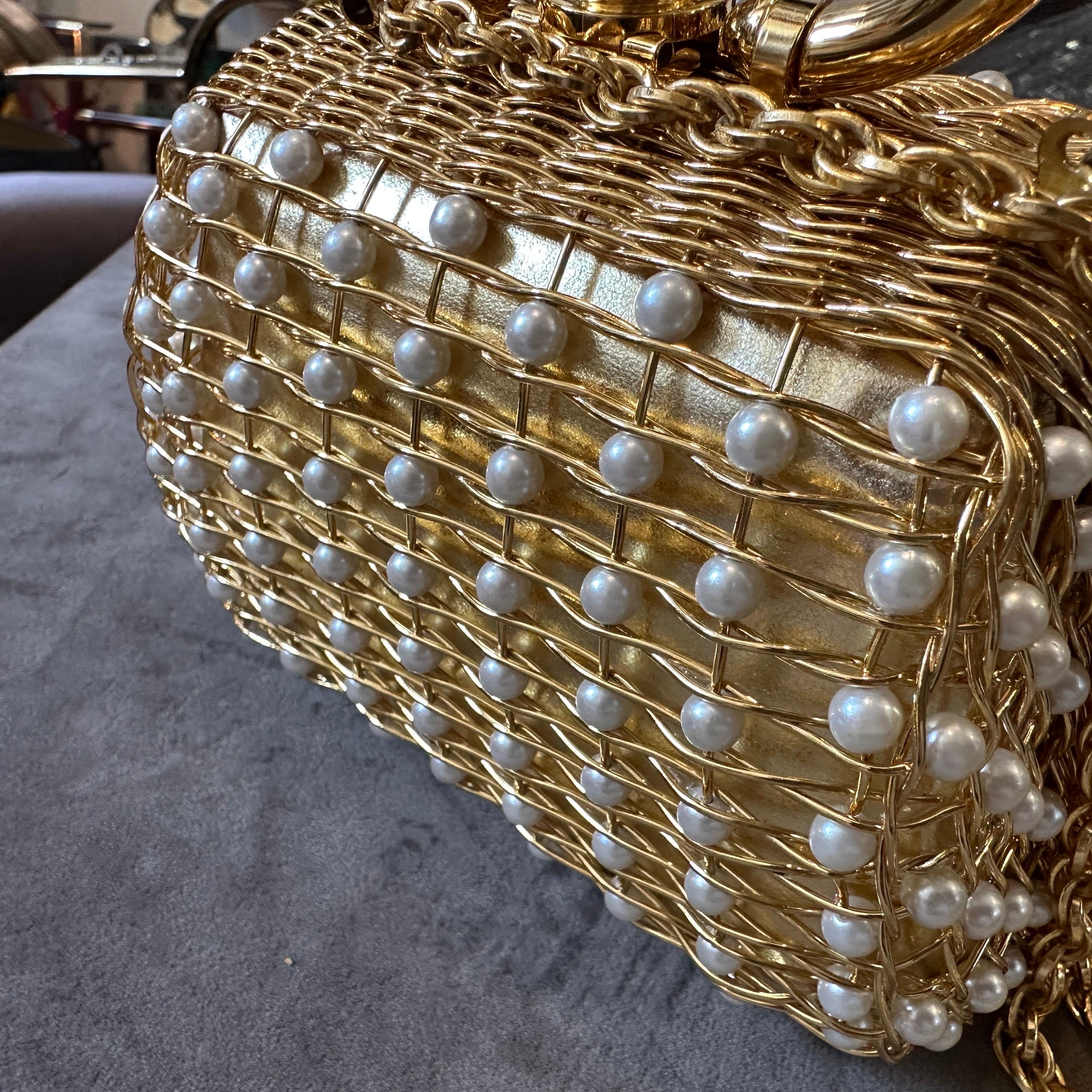 Marron Minaudière de luxe en laiton et perles de Rodo des années 1960 en vente