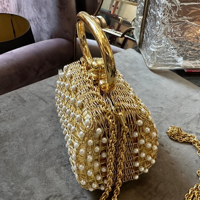 Minaudière de luxe en laiton et perles de Rodo des années 1960 sur