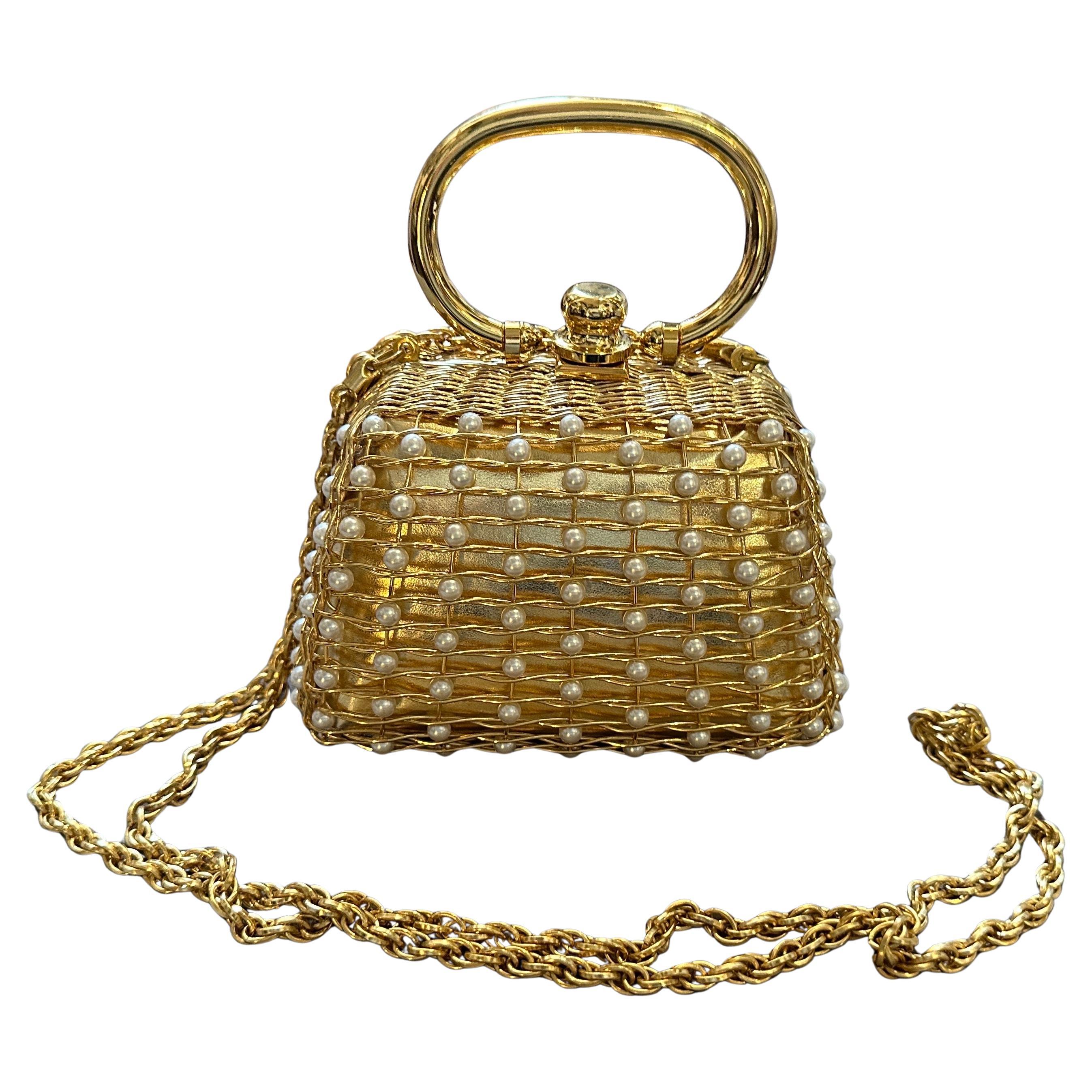 Minaudière de luxe en laiton et perles de Rodo des années 1960