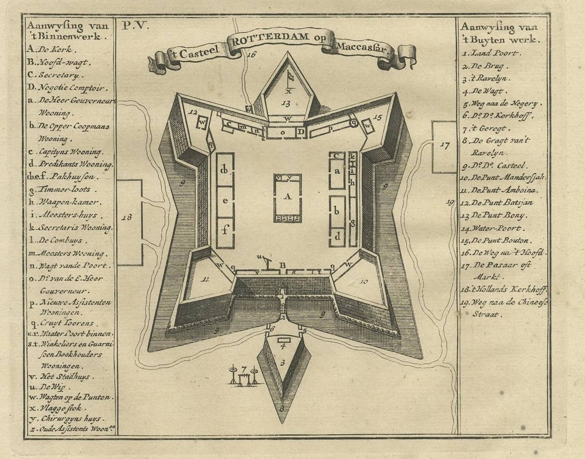 A Macassar Couple and the Fort Rotterdam in Macassar, Celebes (Indonesia)
