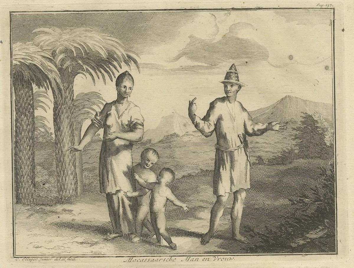 A Macassar Couple and the Fort Rotterdam in Macassar, Celebes (Indonesia)