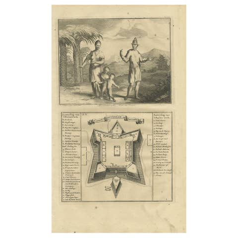 A Macassar Couple and the Fort Rotterdam in Macassar, Celebes (Indonesia)