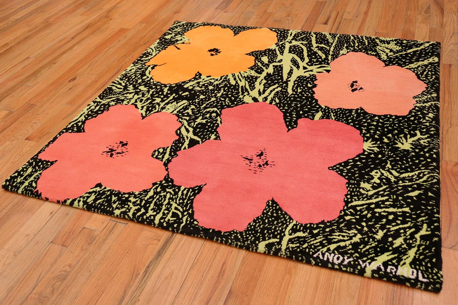 Beautiful and extremely artistic vintage Andy Warhol flowers rug, Country of origin / Rug type: Indian, circa date: Mid-century. Size: 6 ft x 6 ft (1.83 m x 1.83 m)

The works of artist Andy Warhol are some of the most iconic and recognizable of the