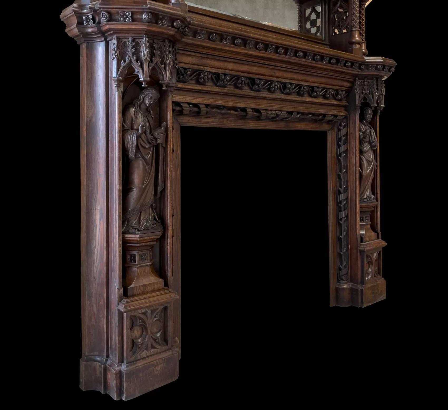 19th Century A magnificent antique English 19th century Gothic Revival carved oak mantel For Sale