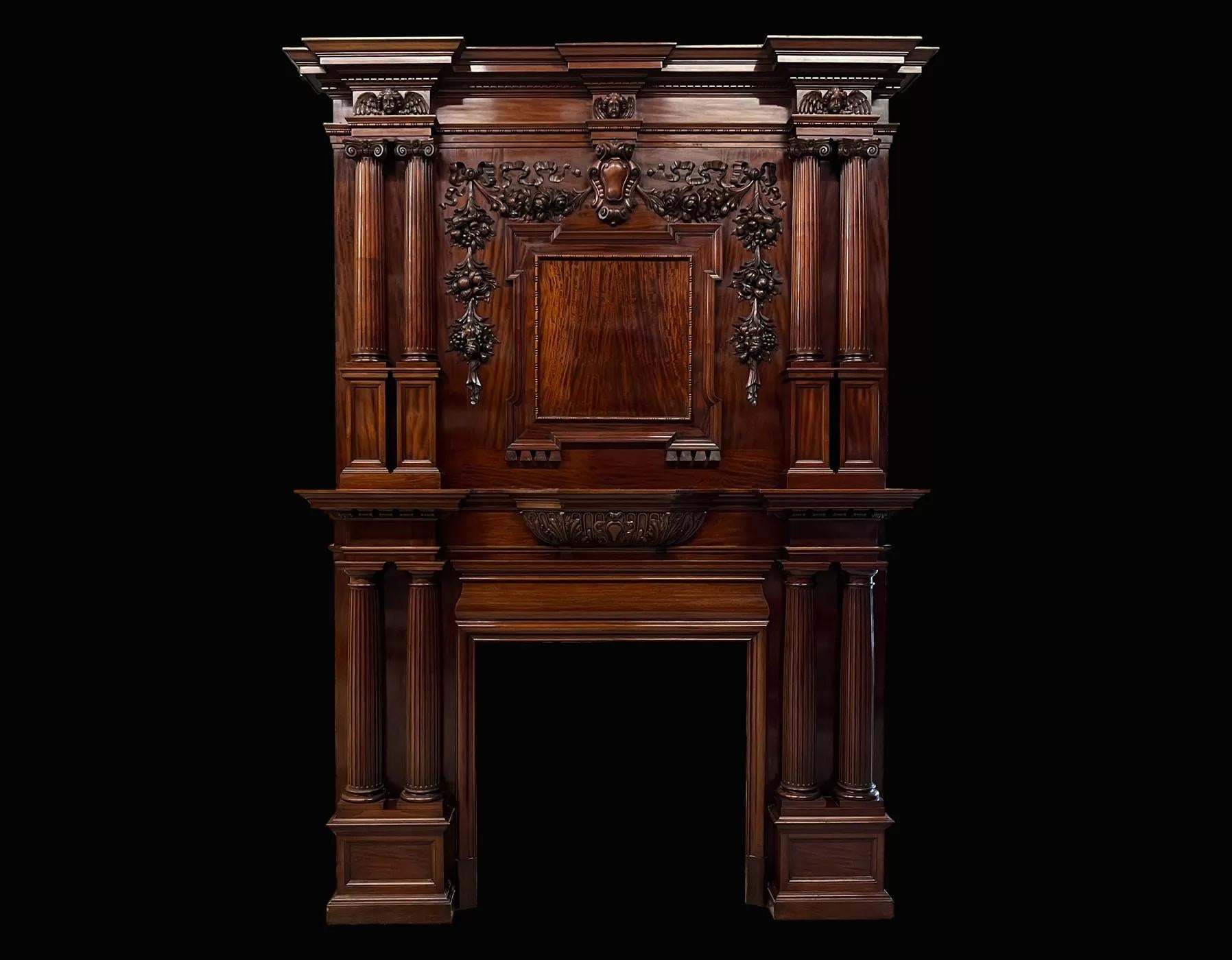 A magnificent Antique English mahogany mantelpiece of exceptional quality.
Large in scale and beautifully carved from Mahogany in the Victorian Baroque Revival style.

Produced with extremely fine carvings and carefully selected cuts of timber. 

In