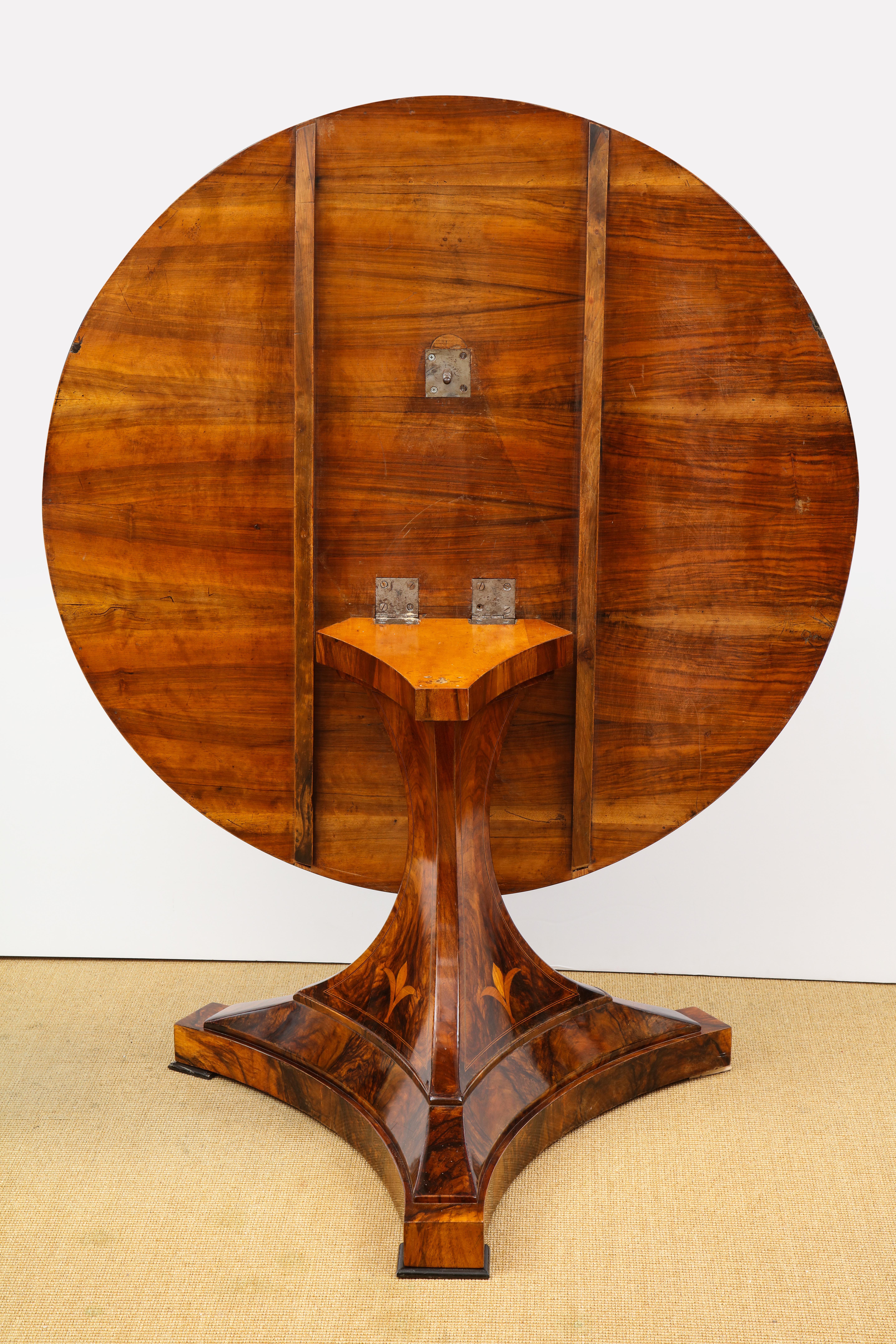 Burl Walnut Tilt-Top Center Table with veneered tripart pedestal base 6