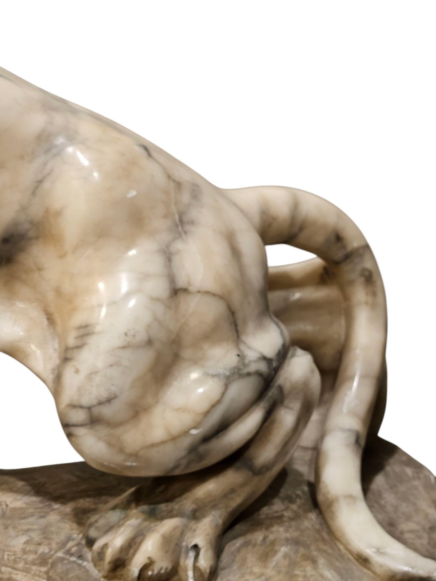 Una raffinata scultura in alabastro intagliata a mano raffigurante una tigre a metà del suo cammino. 
Occhi di vetro sorprendenti