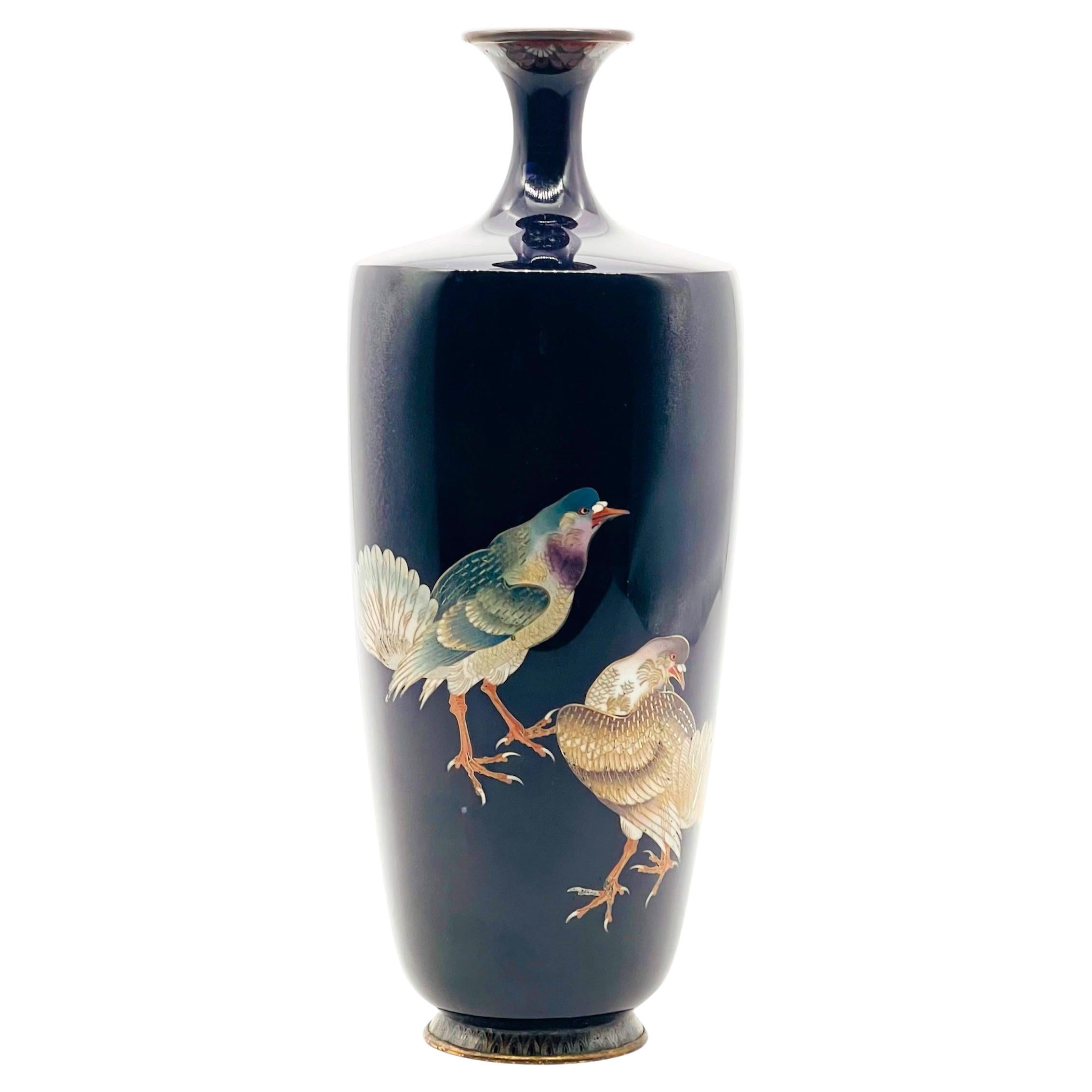 A Magnificent Cloisonné Enamel Vase decorated with pigeons. Meiji period