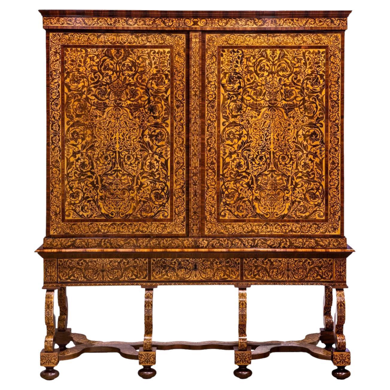 A magnificent Dutch marquetry cabinet on stand, by Jan van Mekeren (1658-1733)  For Sale