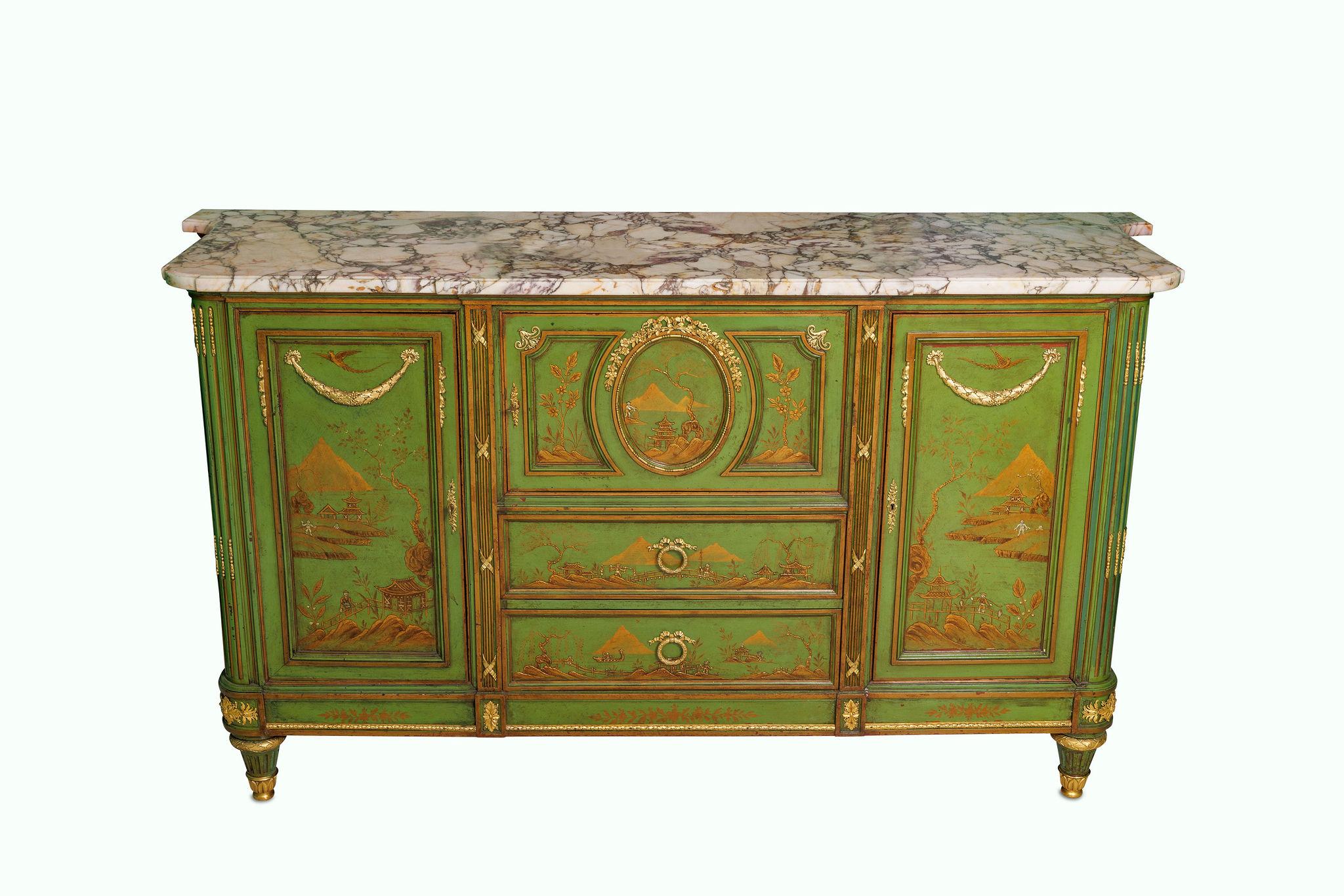 Magnifique commode française A.I.C. C. 1870, montée sur bronze doré et peinte en vert, de style Chinoiserie. en vente 12