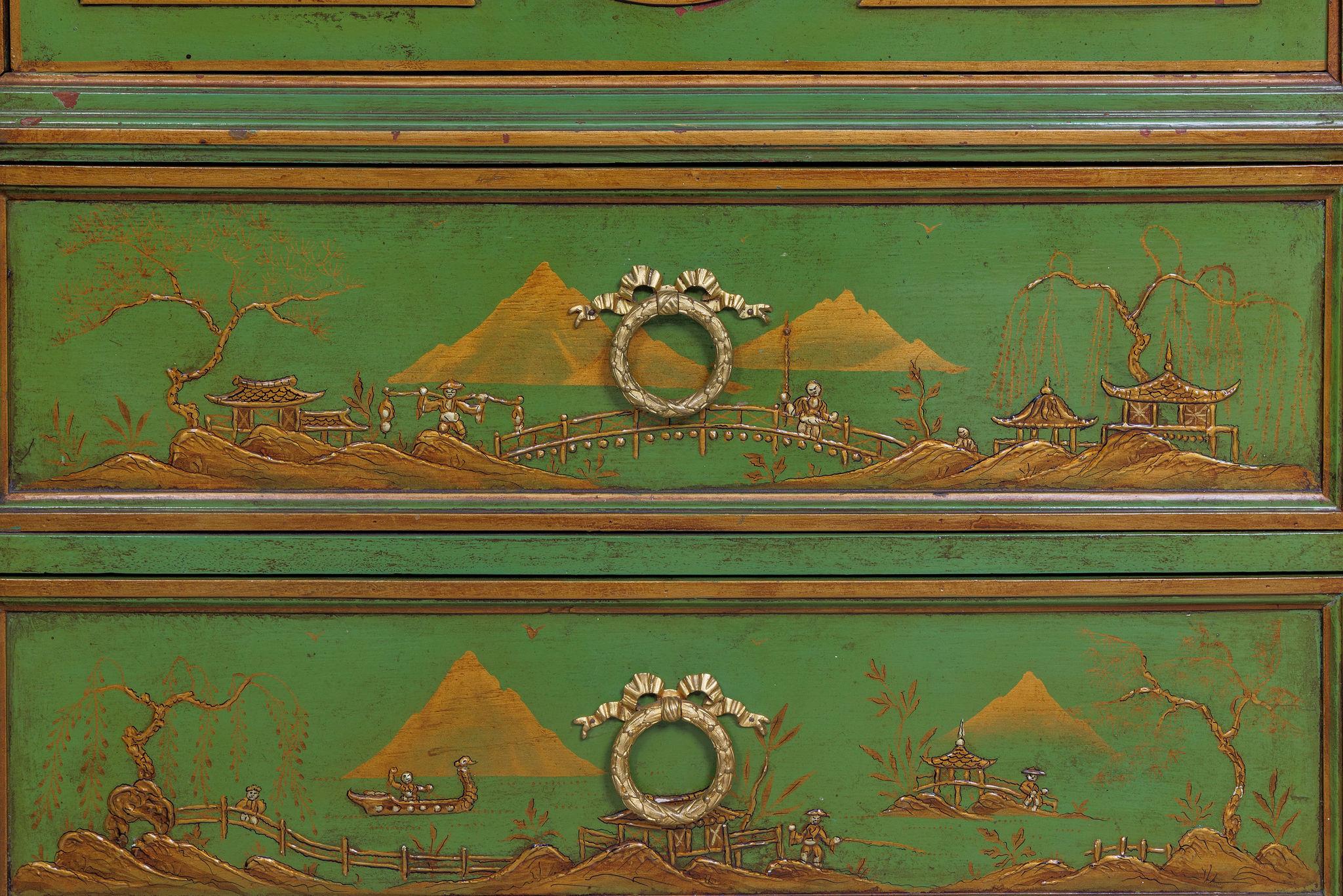 A Magnificent French Ormolu-Mounted Green Painted Chinoiserie Commode with Original Marble Top, 19th Century

An exceptional French ormolu-mounted commode, richly decorated in vibrant green polychrome with exquisite gilt Chinoiserie scenes, and