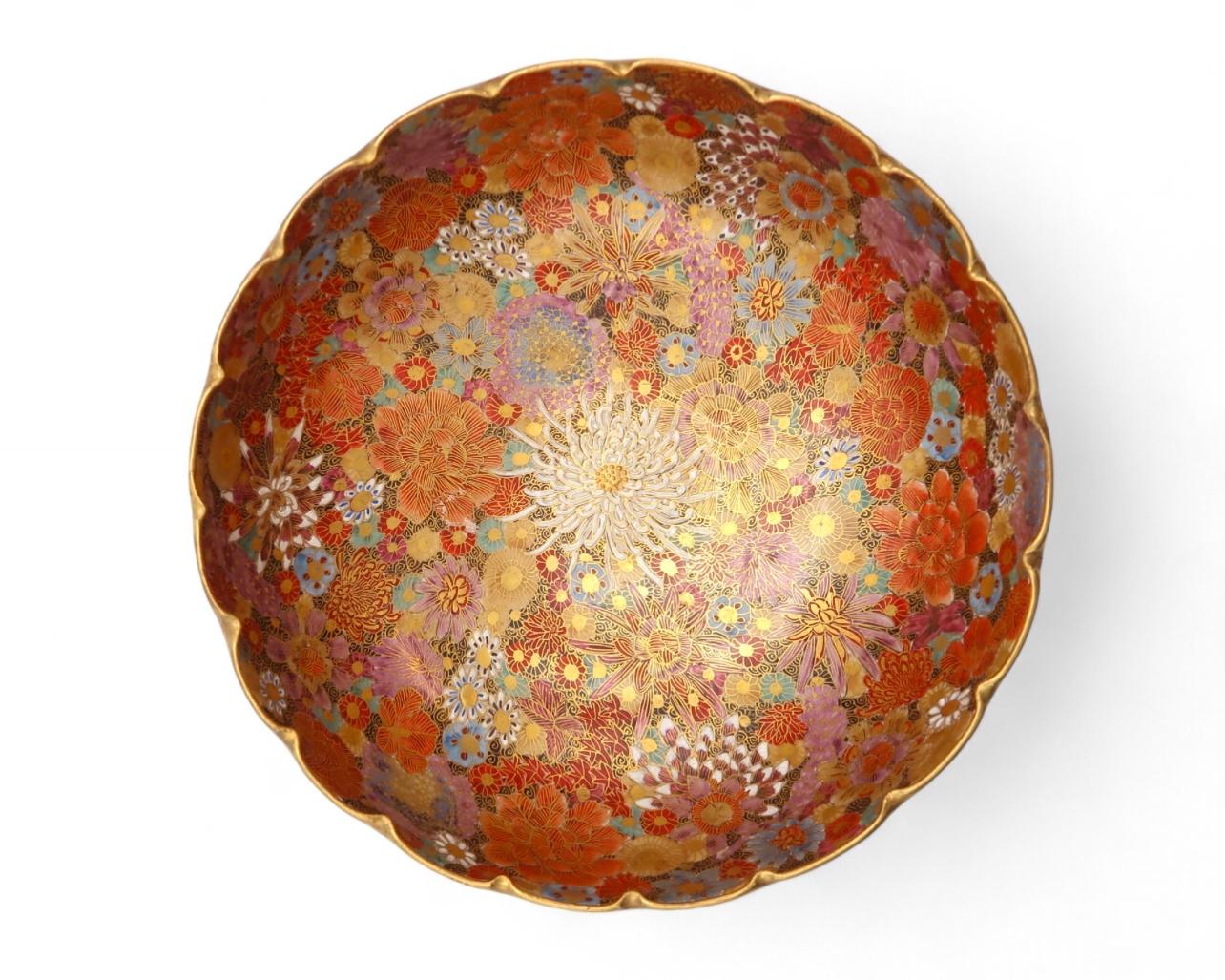 A  MAGNIFICENT JAPANESE SATSUMA MILLEFIORI BOWL. Meiji Era, signed by Hakakawa 5