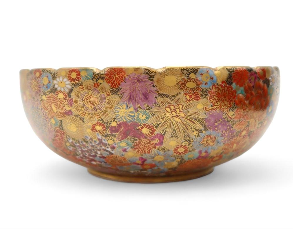 Japanese A  MAGNIFICENT JAPANESE SATSUMA MILLEFIORI BOWL. Meiji Era, signed by Hakakawa