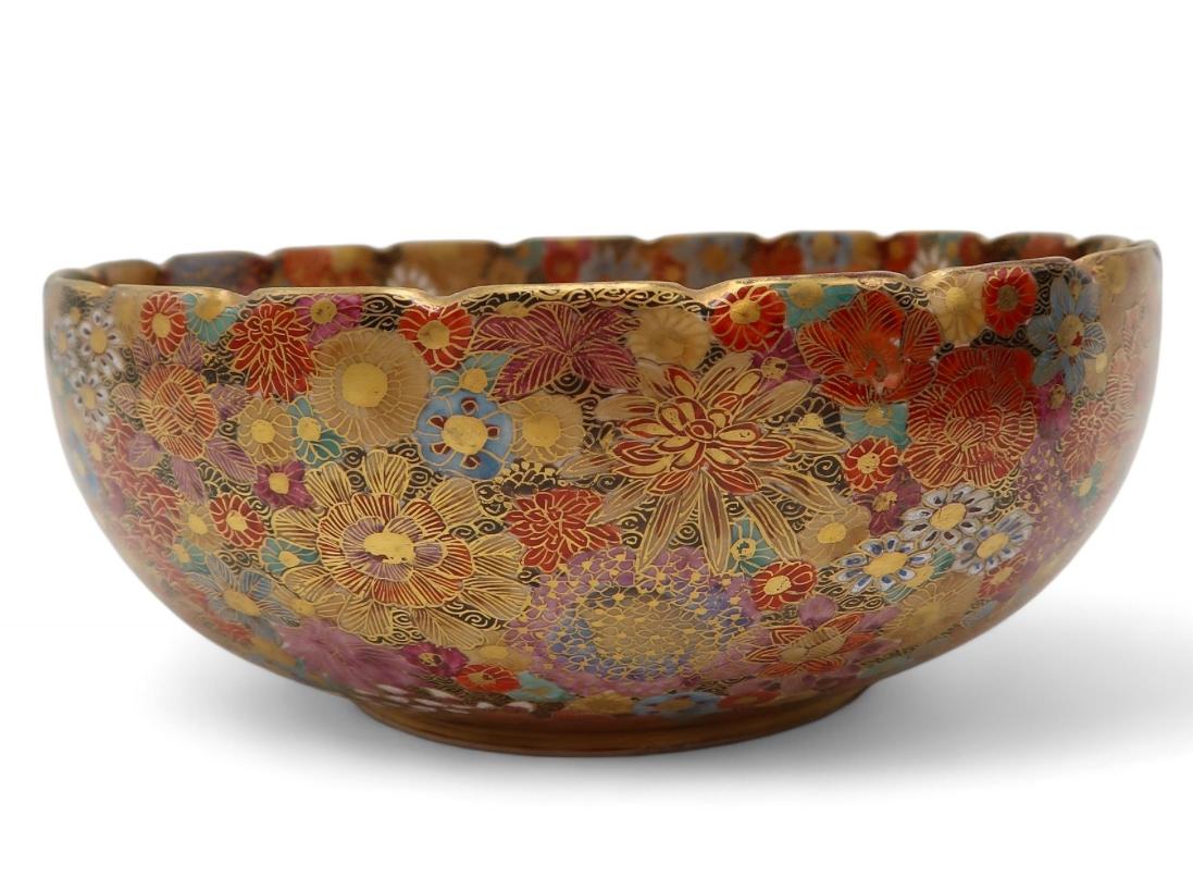 Porcelain A  MAGNIFICENT JAPANESE SATSUMA MILLEFIORI BOWL. Meiji Era, signed by Hakakawa
