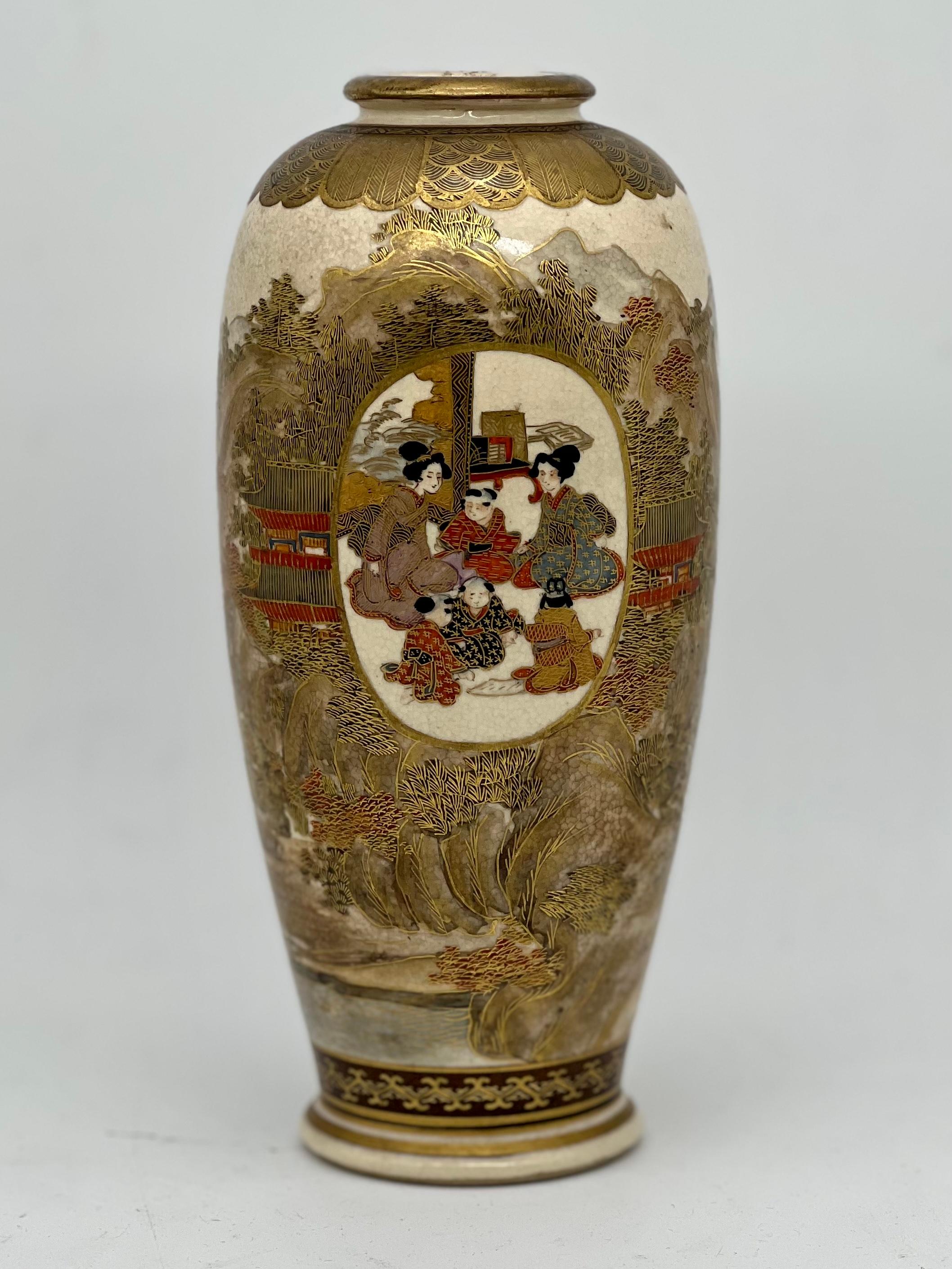 A Magnificent Japanese Satsuma Vase. Signed. Meiji period.

19th C


A Fine Japanese satsuma vase of a baluster form finely painted in Satsuma enamels enhanced with gold paint,decorated with a panel in the middle depicting japanese women and