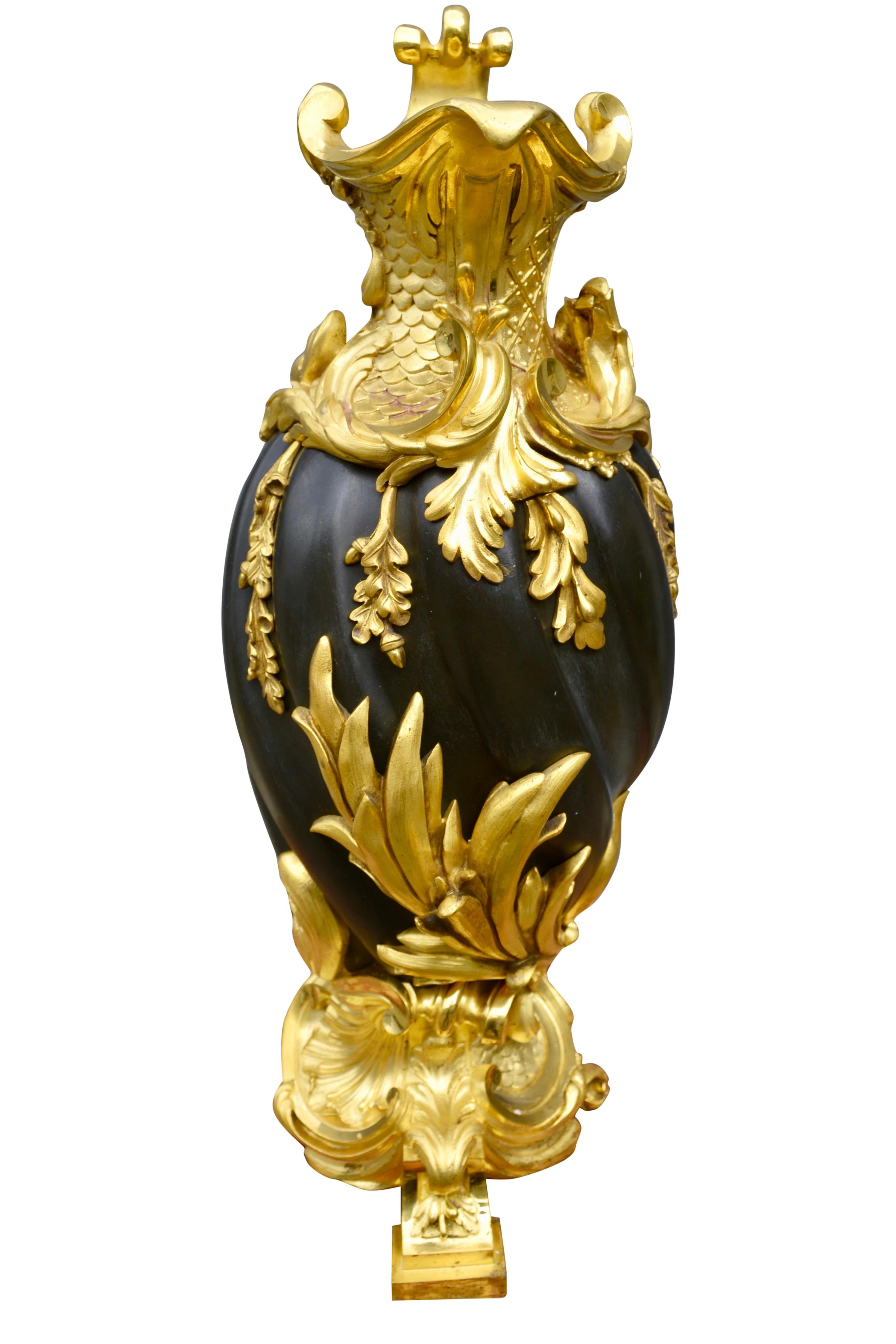 French Magnificent Louis XV Style Patinated and Gilt Bronze Urn For Sale