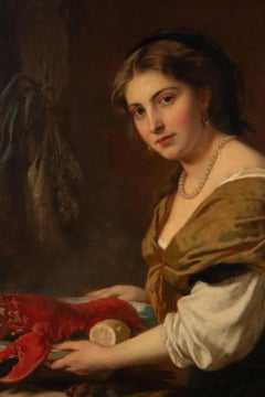 A Magnificent Oil Painting "A Dainty Bit" A Woman With Lobster and Game 1869