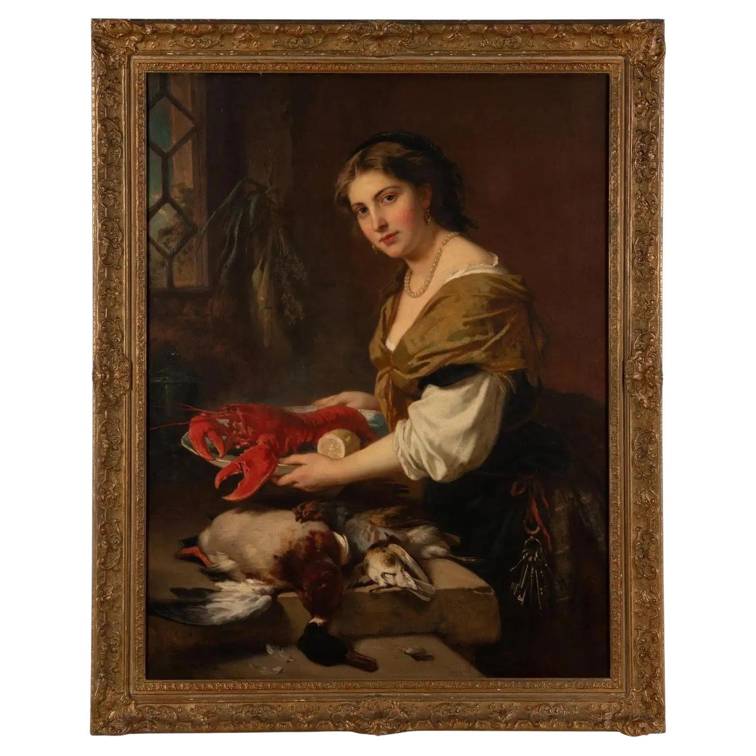 Ein prächtiges Ölgemälde "Ein zierliches Stück" Eine Frau mit Hummer und Wild 1869