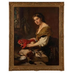 Magnifique peinture à l
huile "A Dainty Bit" Une femme avec du homard et du gibier 1869