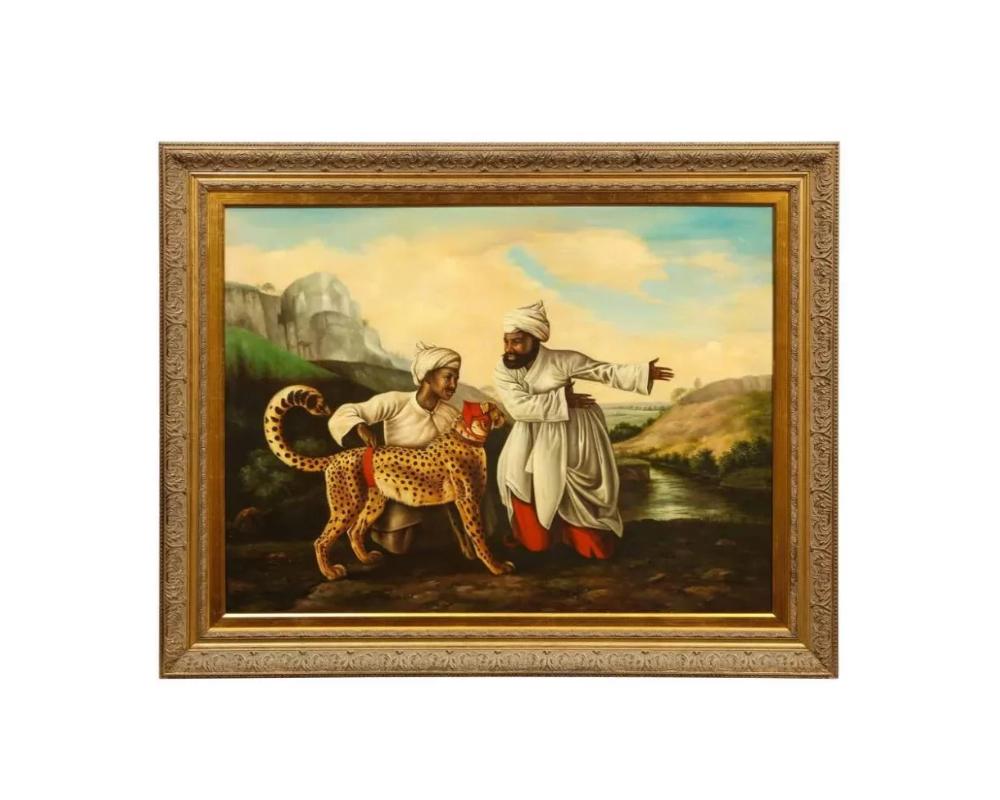 A magnificent Orientalist oil on canvas painting “escorting the cheetah”, circa 1920.

Very fine quality painting depicting two Orientalist Arab Sheikhs / Indian Princes escorting their handsome cheetah.

Extremely lovely and charming