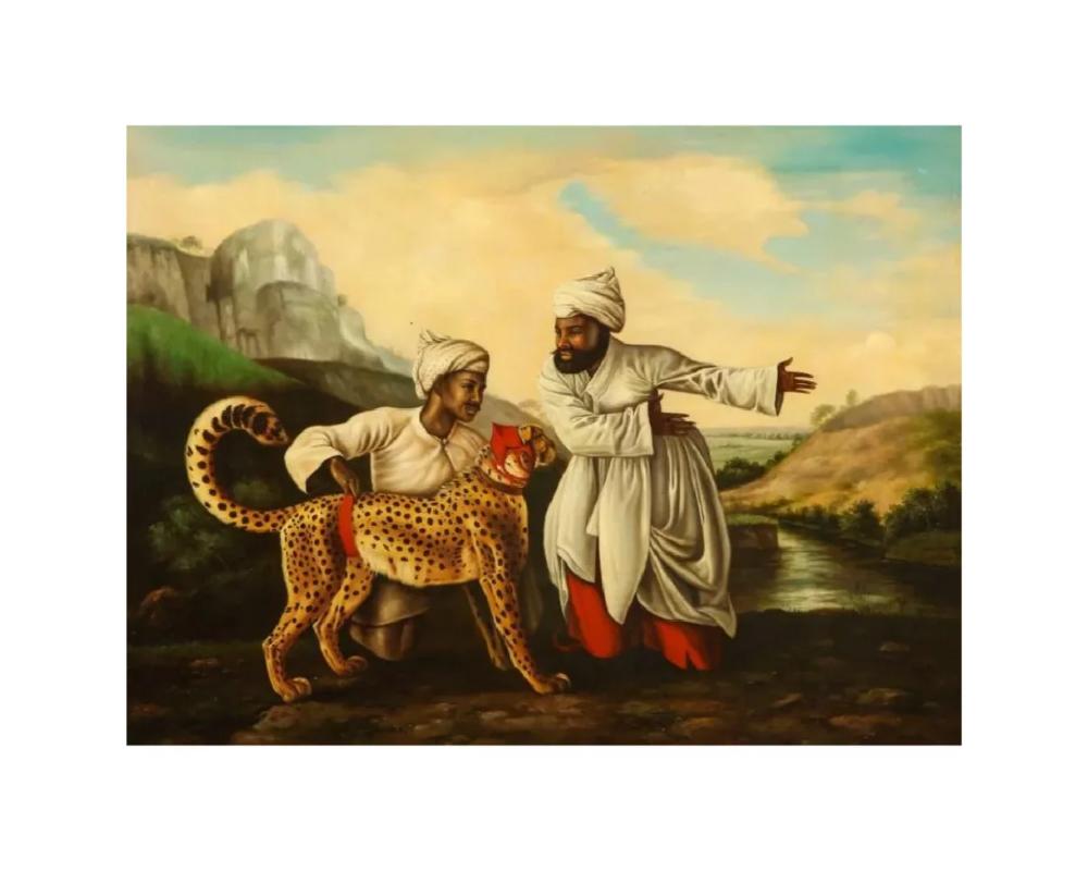 Unknown Magnificent Orientalist Oil on Canvas Painting “Escorting the Cheetah” C. 1920 For Sale