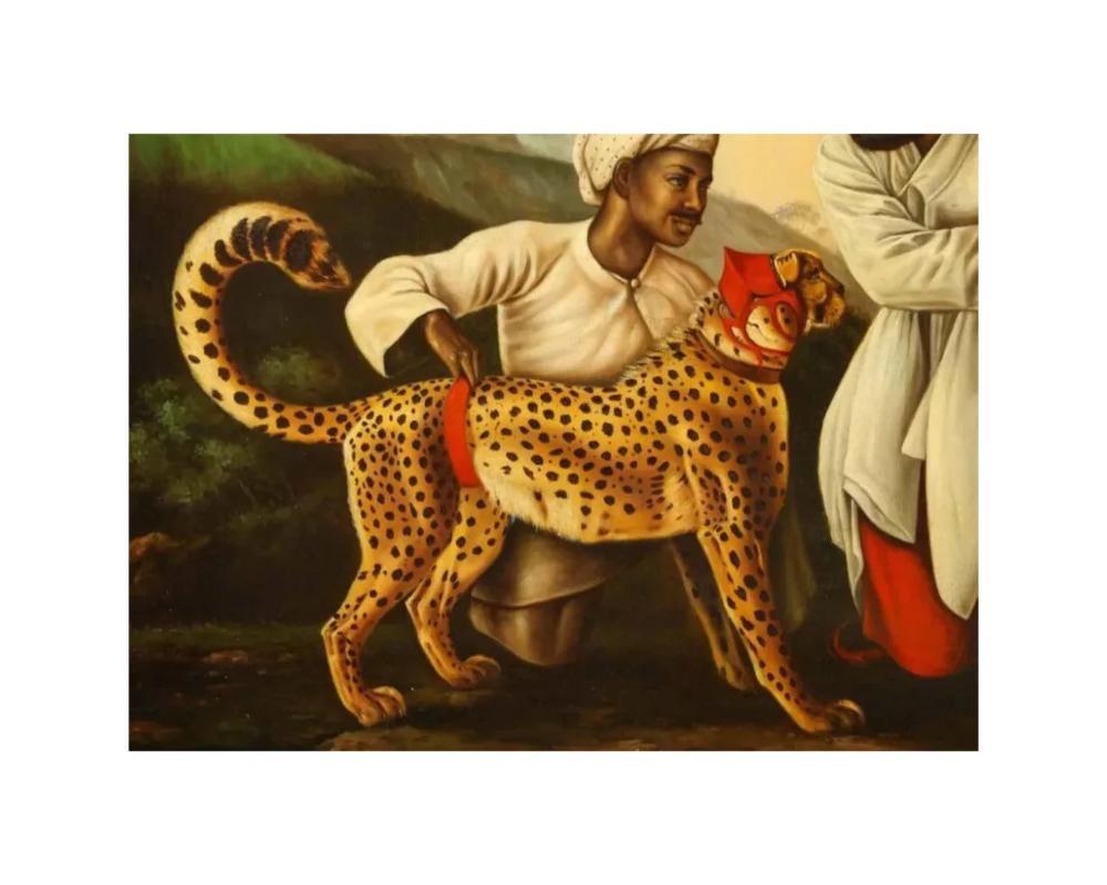Magnificent Orientalist Oil on Canvas Painting “Escorting the Cheetah” C. 1920 In Good Condition For Sale In New York, NY