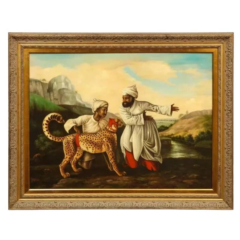 Magnificent Orientalist Oil on Canvas Painting “Escorting the Cheetah” C. 1920 For Sale
