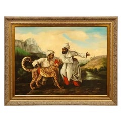 Magnificent Orientalist Oil on Canvas Painting “Escorting the Cheetah” C. 1920