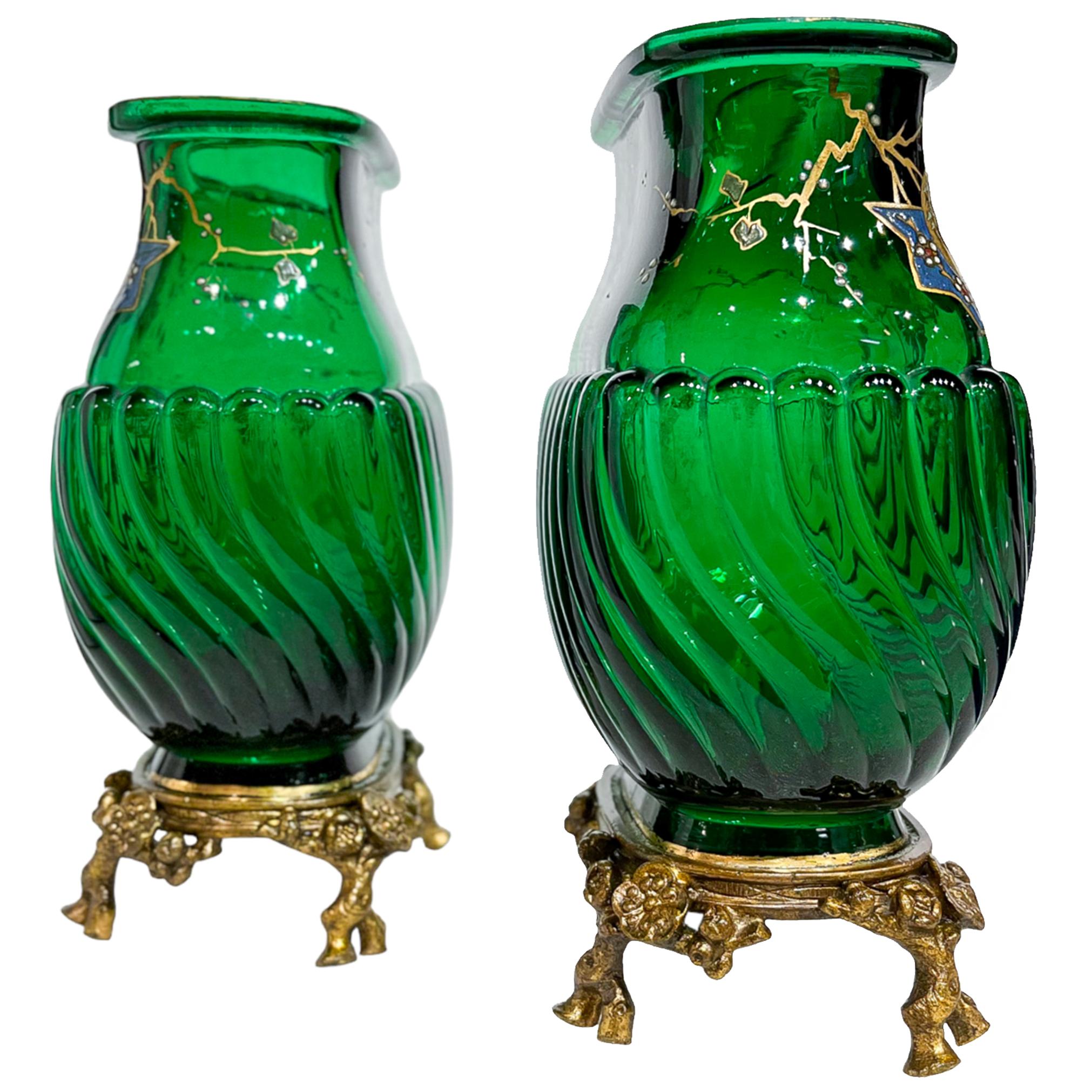 French Baccarat Emerald Green Pair of Japonisme Vases with Enamel Sakura Tree and Sun  For Sale