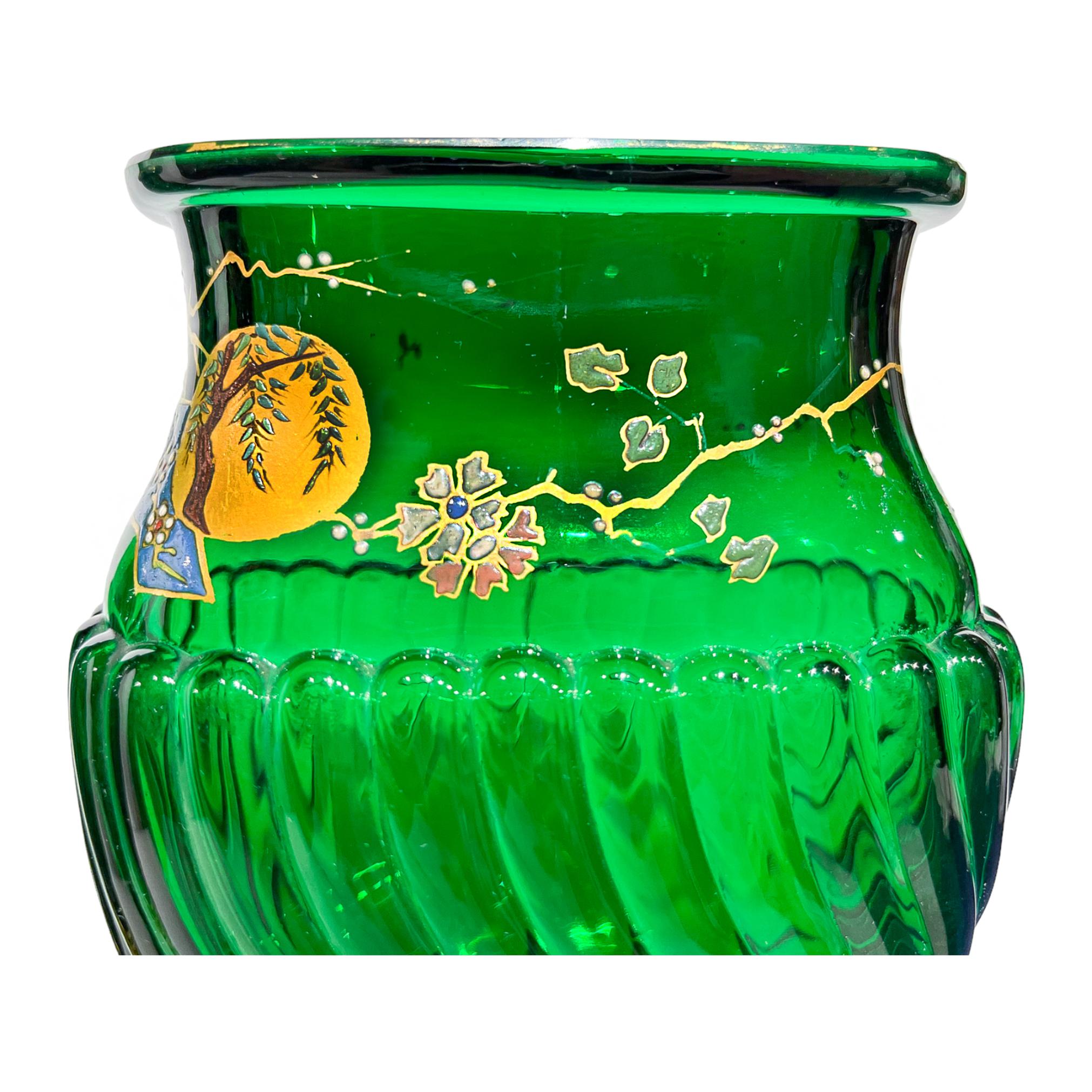 Baccarat Emerald Green Pair of Japonisme Vases with Enamel Sakura Tree and Sun  In Good Condition For Sale In New York, NY