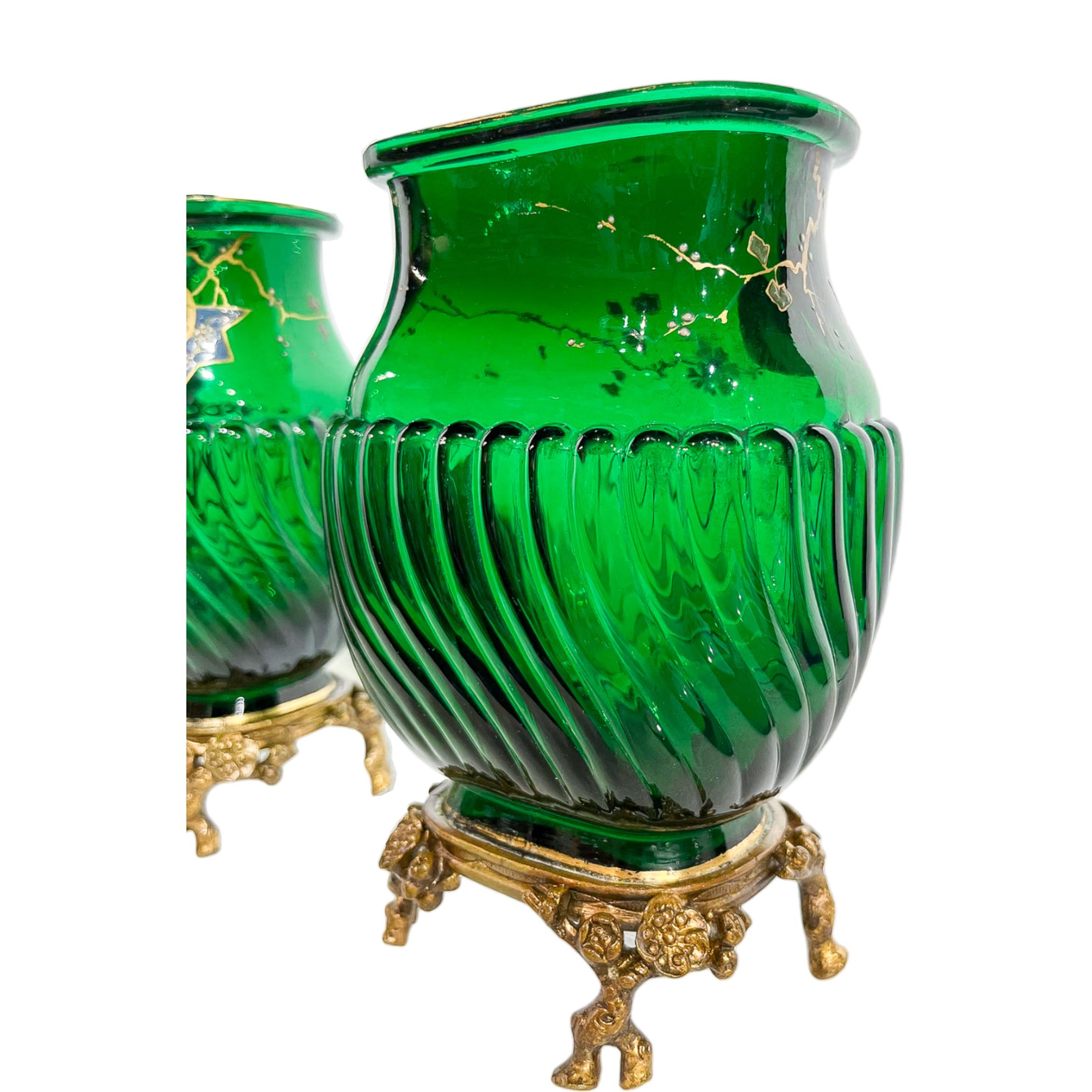 19th Century Baccarat Emerald Green Pair of Japonisme Vases with Enamel Sakura Tree and Sun  For Sale