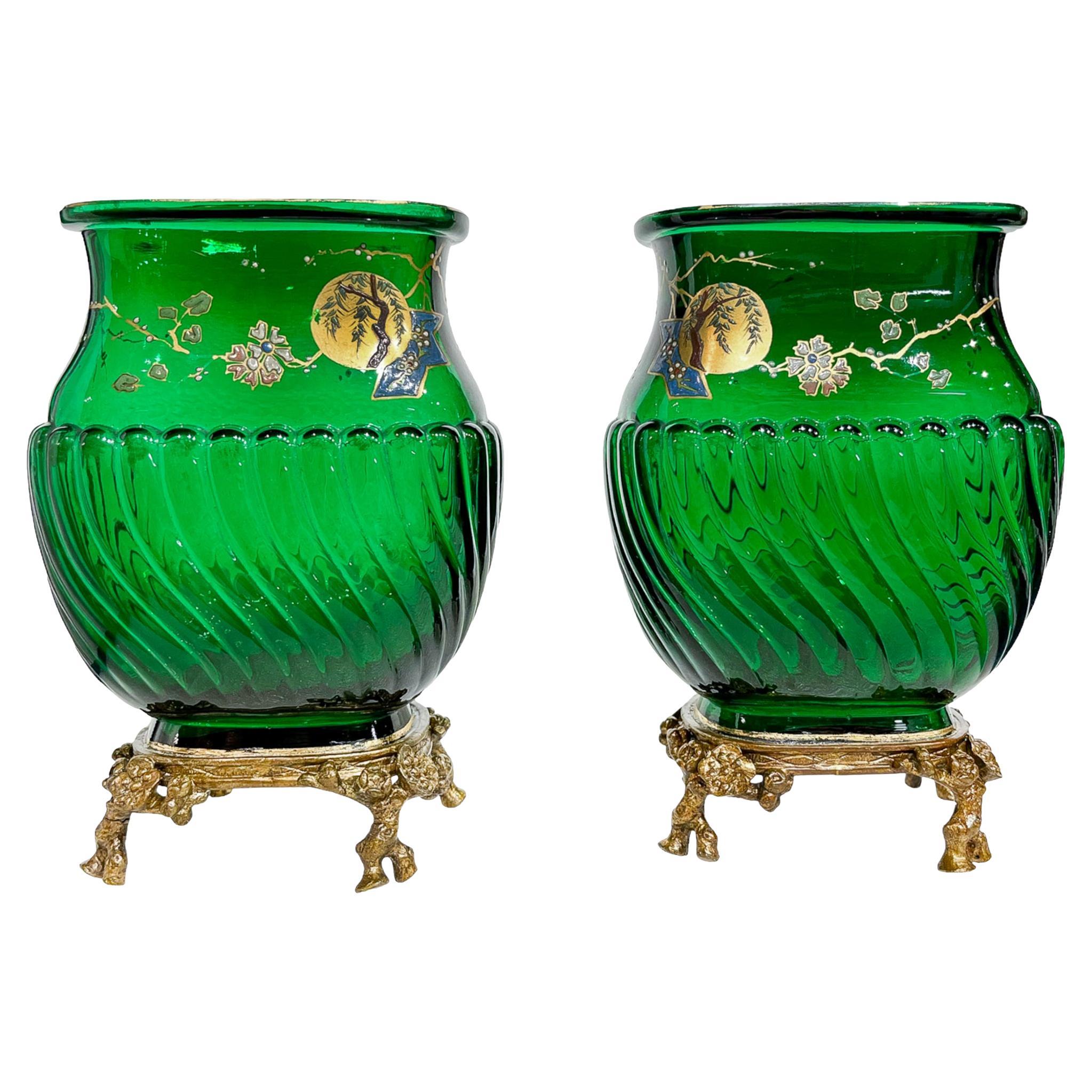Baccarat Emerald Green Pair of Japonisme Vases with Enamel Sakura Tree and Sun  For Sale