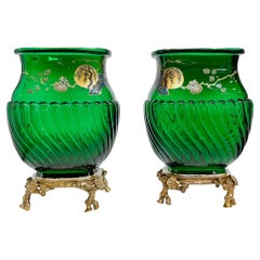 Antique Baccarat Emerald Green Pair of Japonisme Vases with Enamel Sakura Tree and Sun 