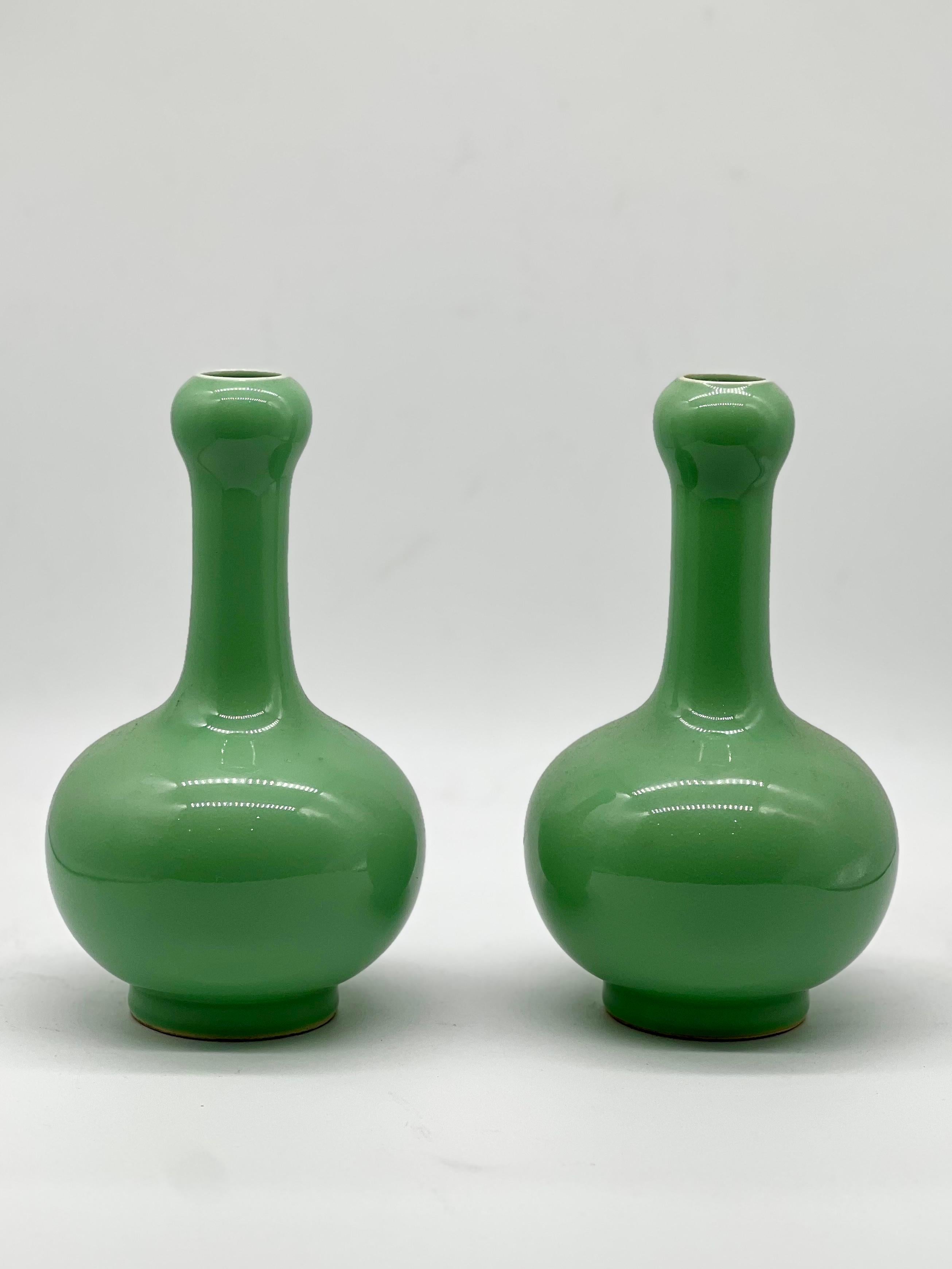 Ceramic A Magnificent pair of Chinese Apple Green Monochrome Vases. Signed 