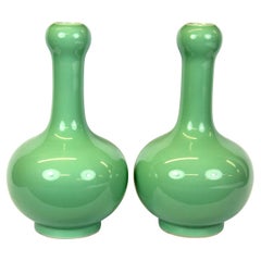 Vintage A Magnificent pair of Chinese Apple Green Monochrome Vases. Signed 