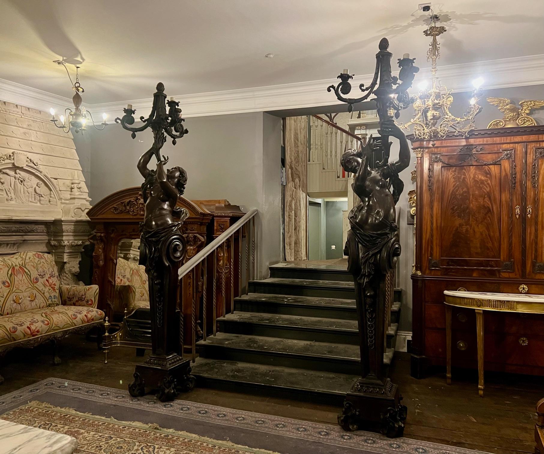 A magnificent pair of free standing female figurative patinated bronze torchère  For Sale 1