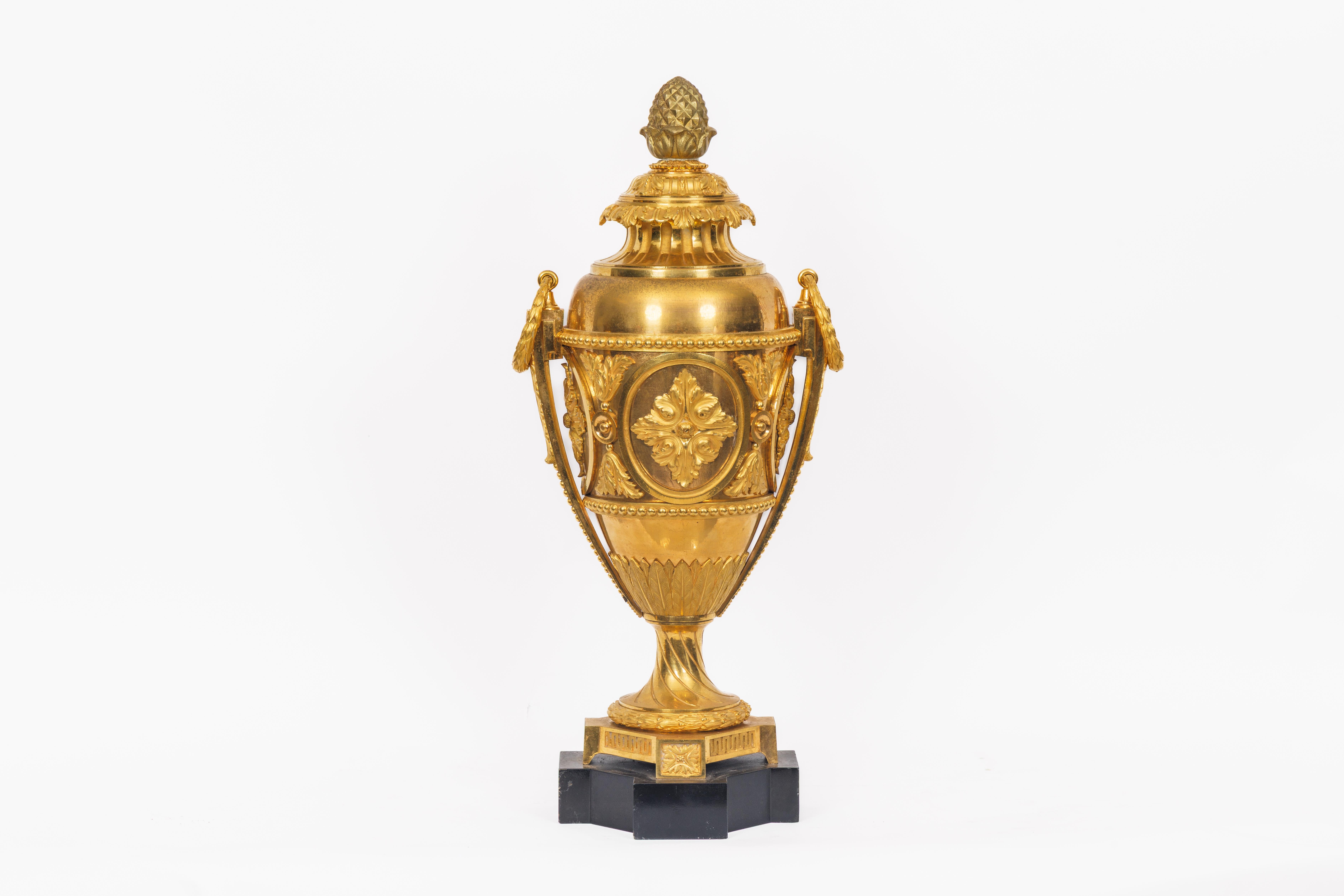 Ein prächtiges Paar französischer Ormolu-Vasen im Louis-XVI-Stil

Ein hervorragendes Paar französischer Ormolu-Vasen im Stil Ludwigs XVI., exquisit gegossen und reich verziert im neoklassischen Geschmack. Jede wird von einem Tannenzapfen über einem