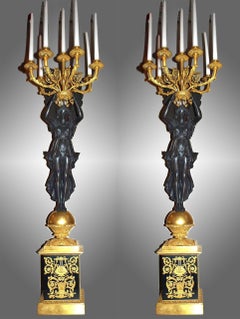 Magnificent Pair of Gilt Bronze with Patinated Bronze Empire Style Candelabra
