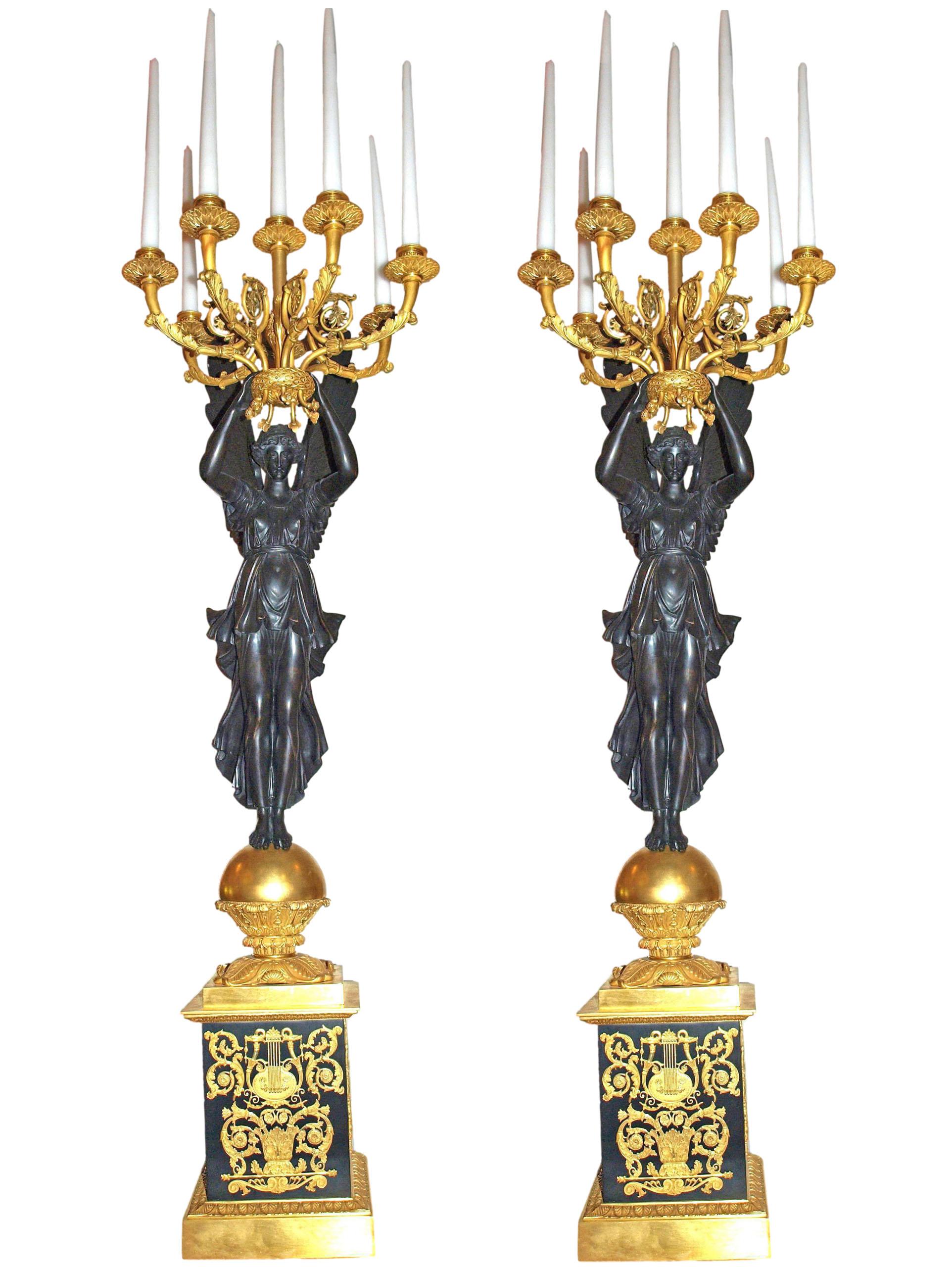 French Magnificent Pair of Gilt Bronze with Patinated Bronze Empire Style Candelabra For Sale