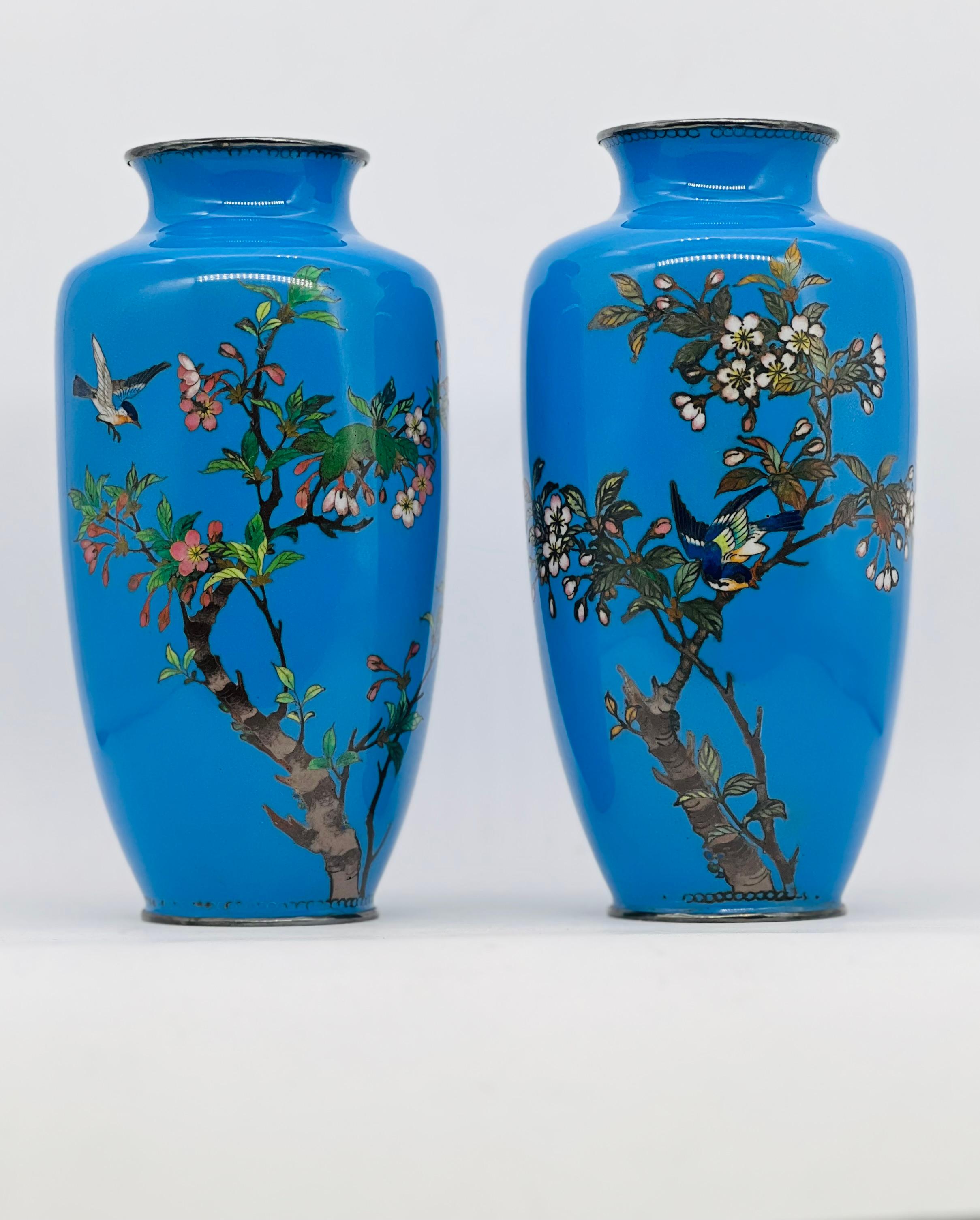 Magnífico par de jarrones japoneses de esmalte cloisonné. Era Meiji 10